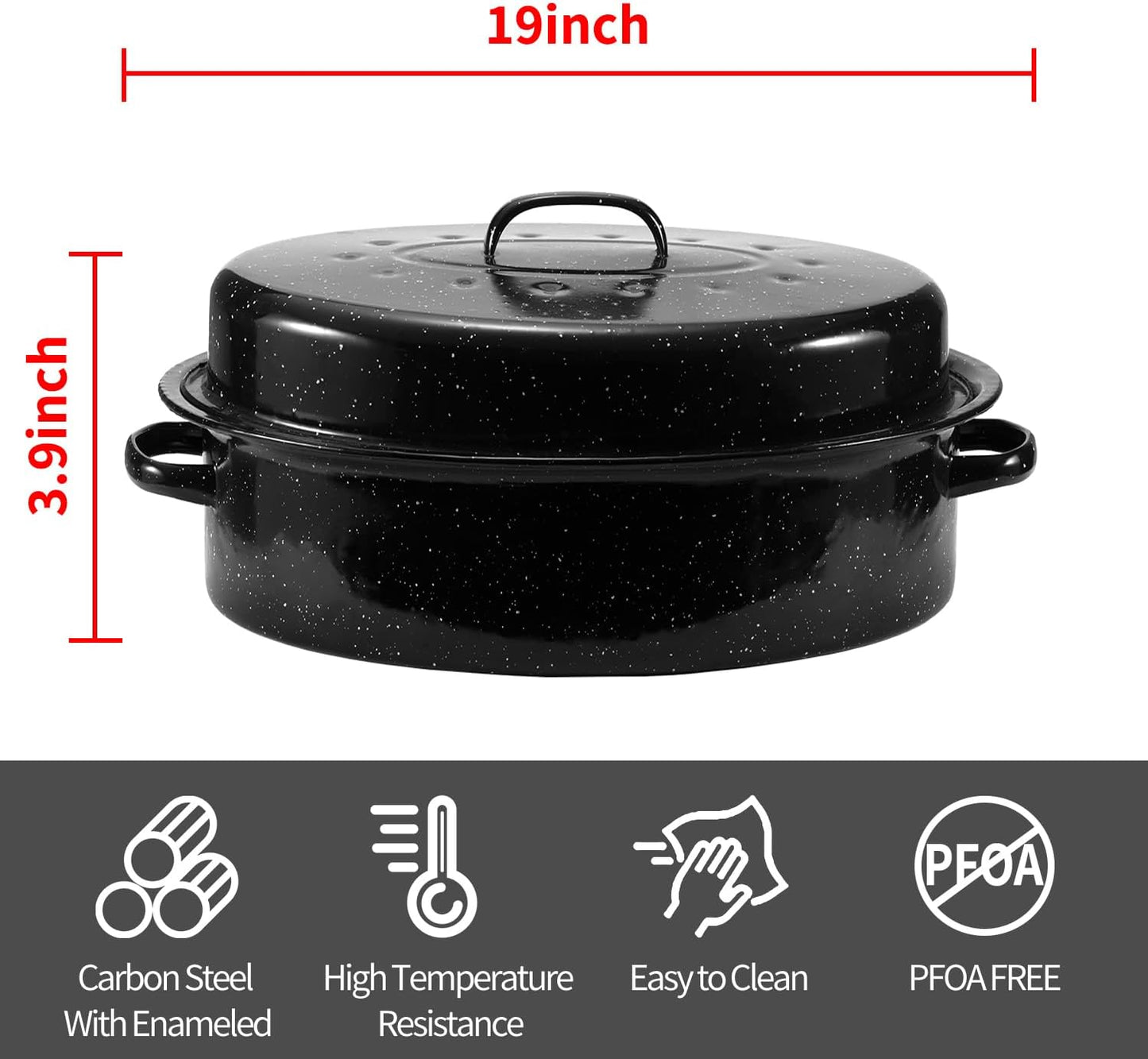 Granite Roaster Pan, 19” Enameled Roasting Pan with Domed Lid. Oval Turkey Roaster Pot, Broiler Pan Great for Turkey, Chicken, Lamb, Vegetable. Dishwasher Safe Cookware Fit for 20Lb Turkey by Kendane