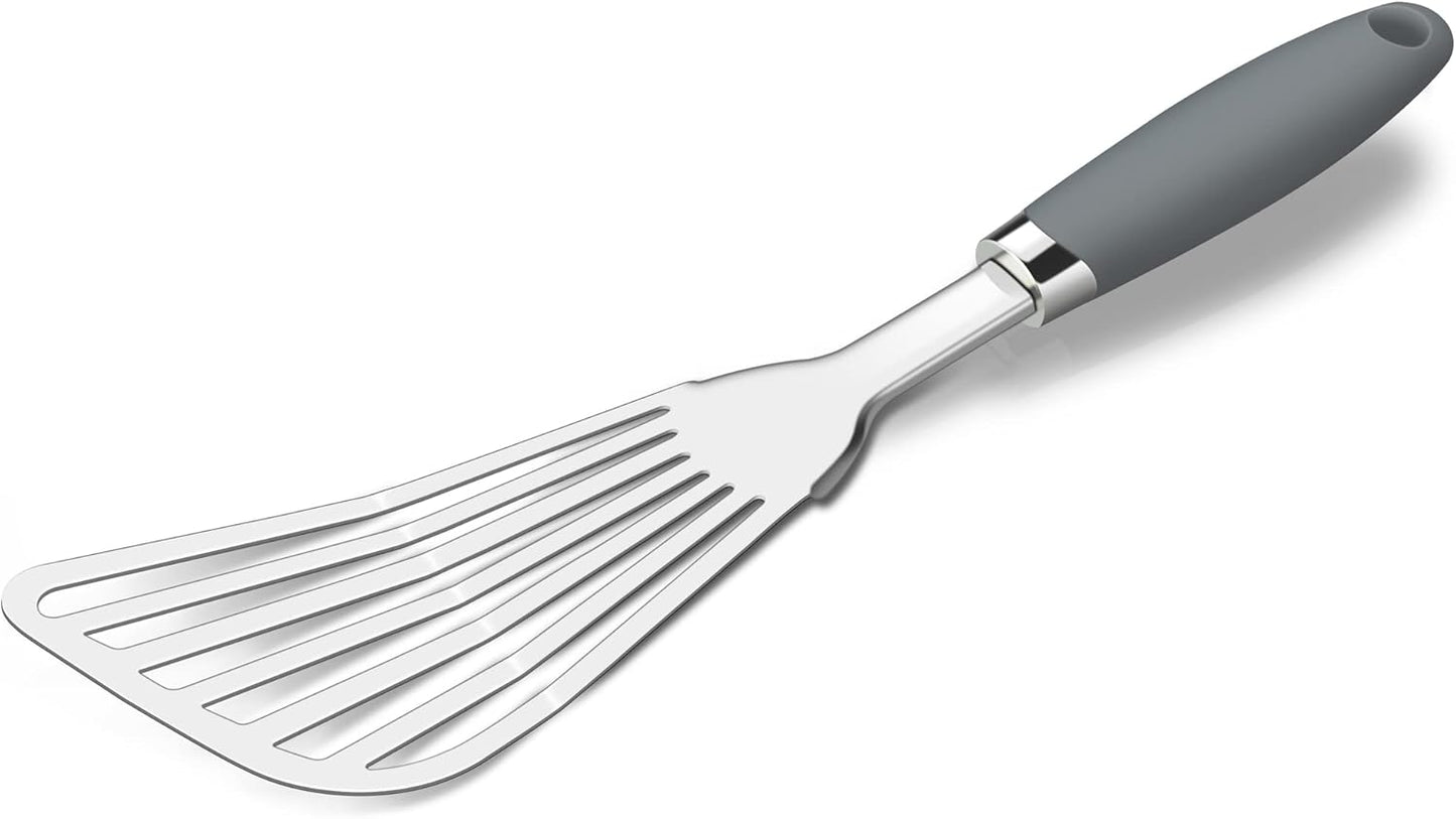 304 Stainless Steel Fish Spatula, Non-Slip Ergonomic Handle Slotted Spatula, Grey
