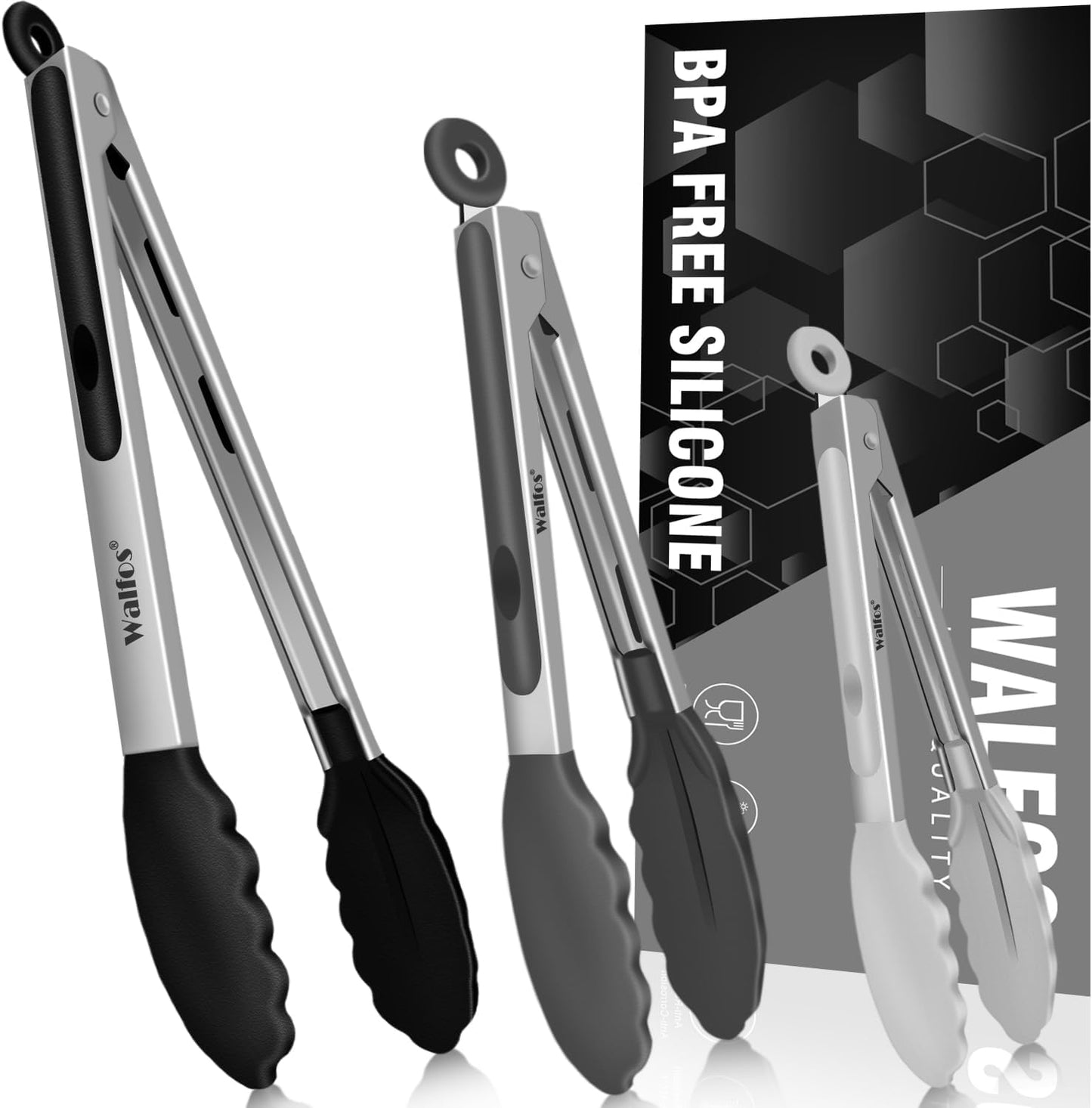 Heat Resistant Silicone Tongs Set - 600 Degrees, Kitchen Tongs for Cooking, Grilling, Turning - Stainless Steel and BPA Free Silicone Tips (7", 9" and 12 inch)