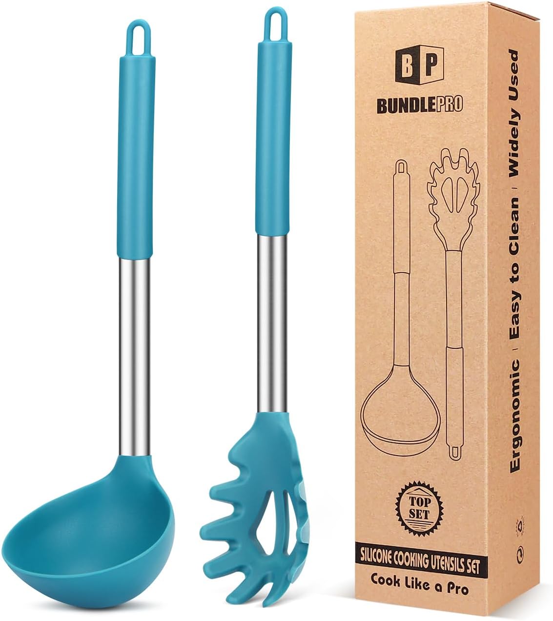 Silicone Pasta Fork and Ladle Spoon Set, Large Non Stick Kitchen Utensils for Cooking,Stirring,Serving Spaghetti, Soup, Sauce (BLUE)
