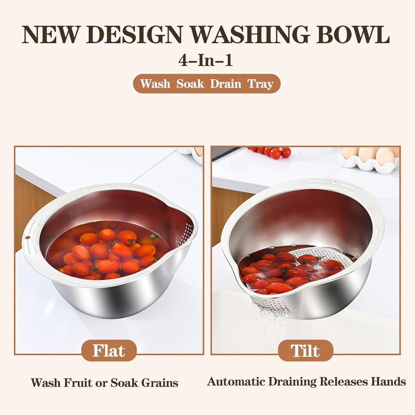 Rice Washer Strainer Bowl - 4-in-1 Washing Bowl for Quinoa, Stainless Steel Rinser With Side Drainers Small Colander for Cleaning Fruits, Vegetables, and Beans - Versatile Kitchen Tool