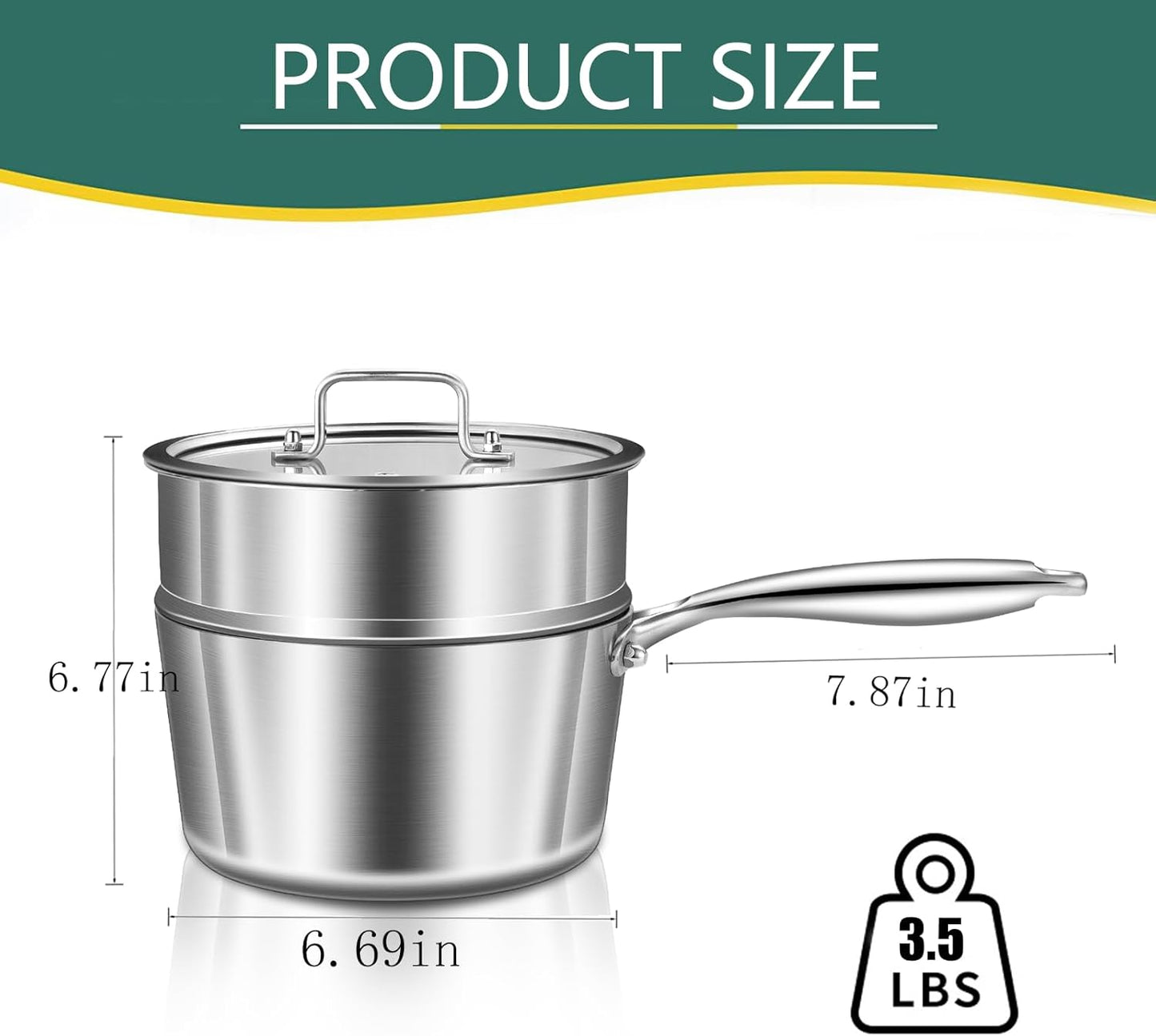 DELARLO Kitchen Tri-Ply Stainless 3-Quart Steamer Set With Glass Lid,with Ergonomic Handle, Multipurpose Sauce Pan, Sauce Pot，oven safe