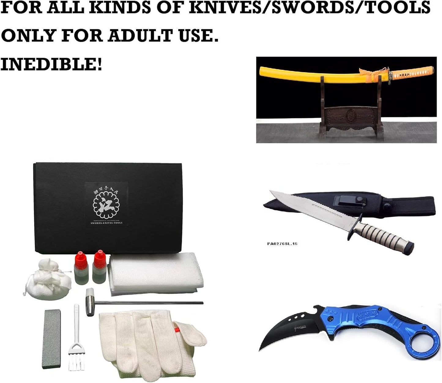 Katana Cleaning Set, Katana Maintenance Kit with Sword Oil, Cleaning Powder, Clean Wiper, Hammer, Brush, Sharpening Stone and Glove, Gift for Men