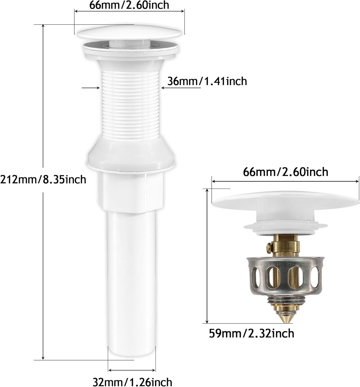 Bathroom Sink Drain,Drain Stopper Bathroom Sink Without Overflow,Pop Up Drain Assembly with Detachable Strainer Basket,Built-in Anti-Clogging, Stainless Steel Nut White