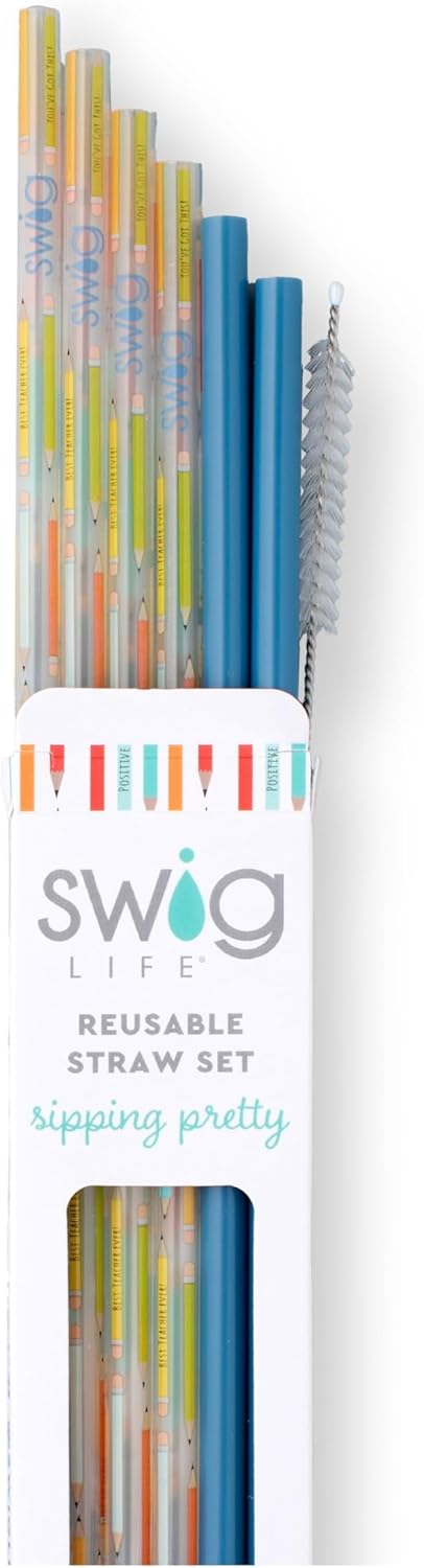 Swig Life Reusable Straws Teacher Life + Blue Tall Straw Set & Cleaning Brush, Each Straw is 10.25 inch Long (Fits Swig Life 20oz Tumblers, 22oz, and 32oz Tumblers)