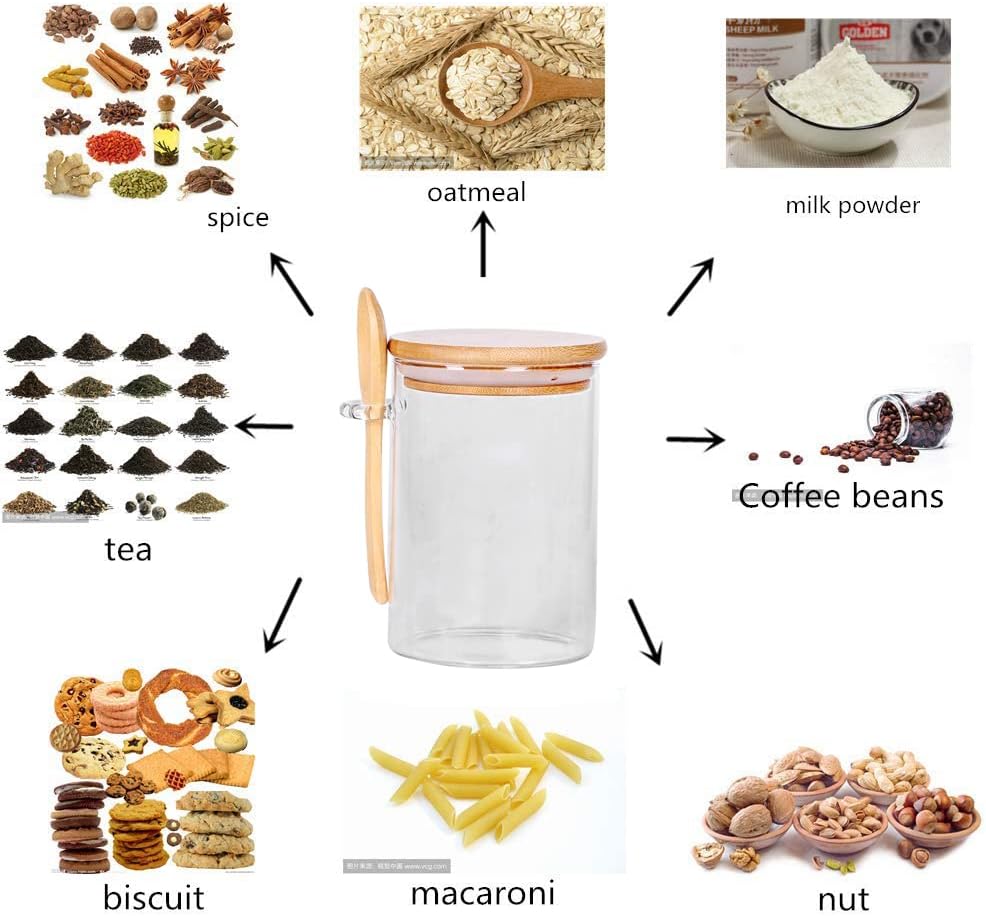 Glass Jars with Bamboo Lids and Spoon Set of 6, 17 OZ Coffee Sugar Container Set with Scoop, Overnight Oatmeal Jars Containers with Lids and Spoon for Loose Tea, Yogurt