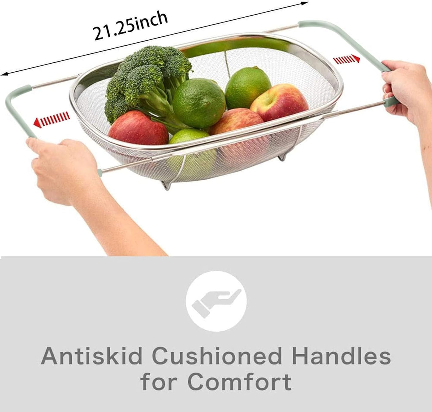 Over The Sink Colander, 6 Quarts Stainless Steel Oval Colander with Expandable Rubber Grip Handle, Fine Mesh Strainer Baskets Kitchen Colanders for Strain, Drain, Rinse Vegetables, Mint Green