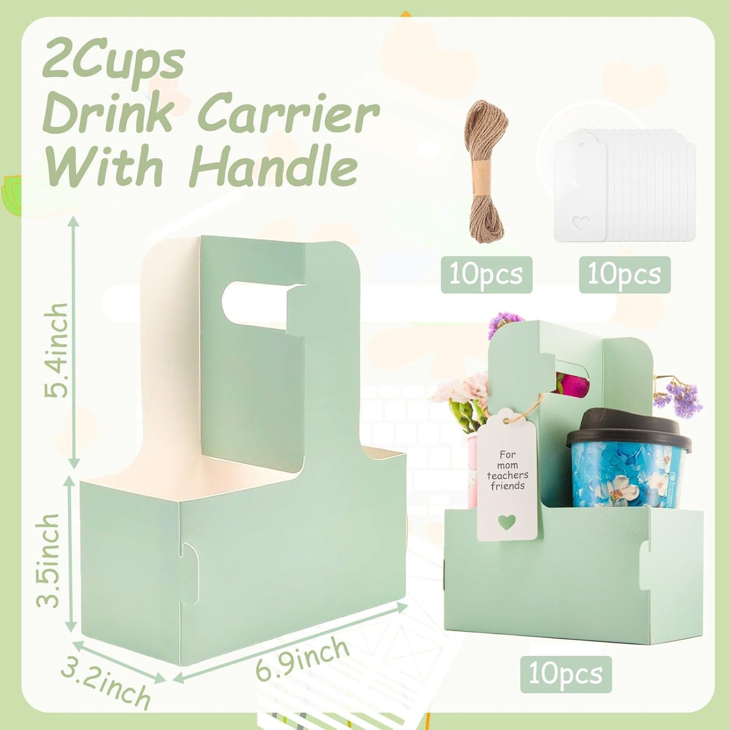 10 Pack 2 Cup Disposable Drink Carrier with Handle Paperboard Coffee Cup Holder Portable for Hot Cold Drinks Food Delivery Services with Heart Card for Teacher Appreciation Week Mother's Day