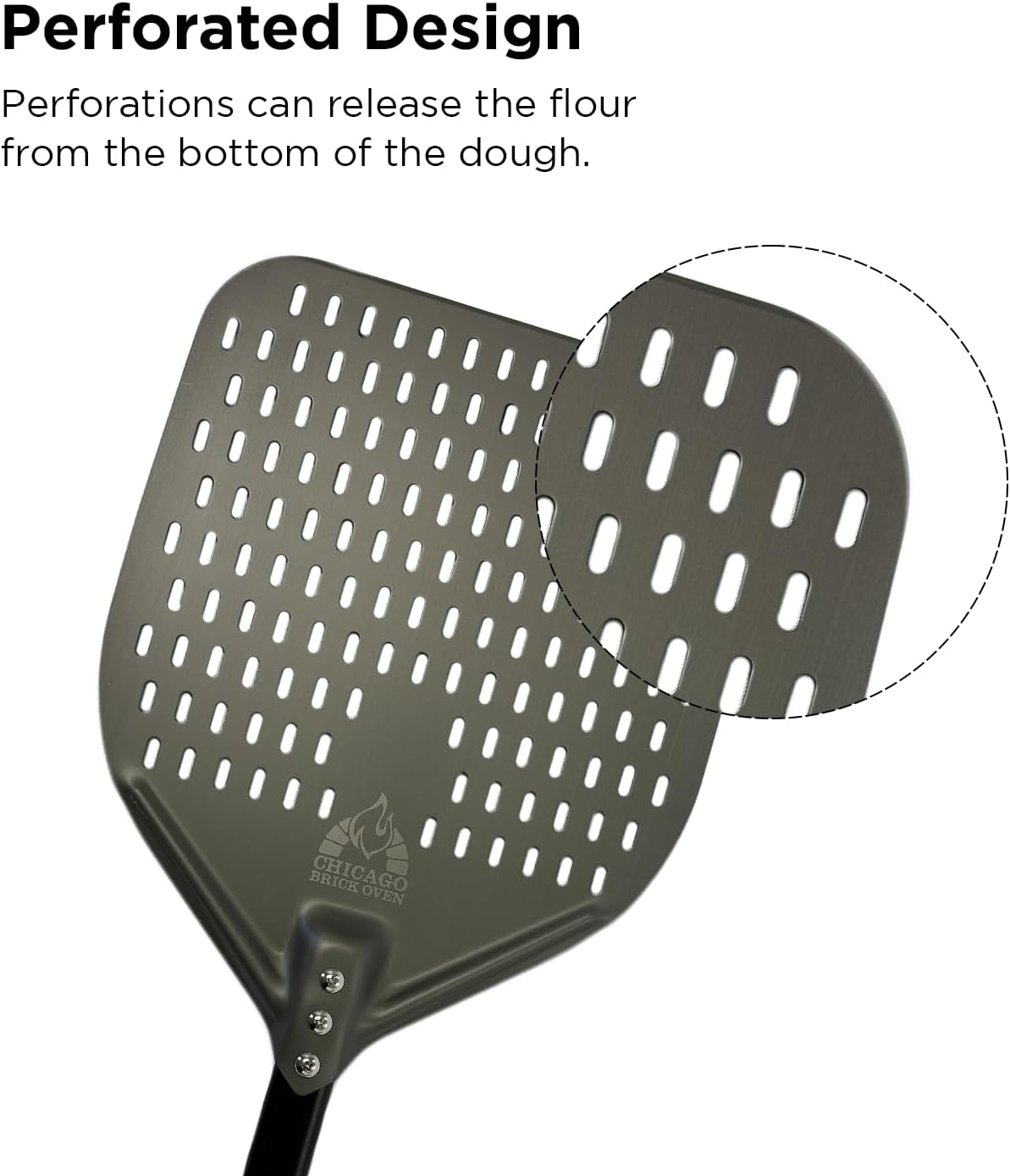 Chicago Brick Oven Perforated Pizza Peel - 12"x15" Anodized Aluminum Pizza Steel, 32" Handle, 47" Overall Length - Ideal Pizza Turning Peel for Pizza Oven, Brick Oven, Baking Bread
