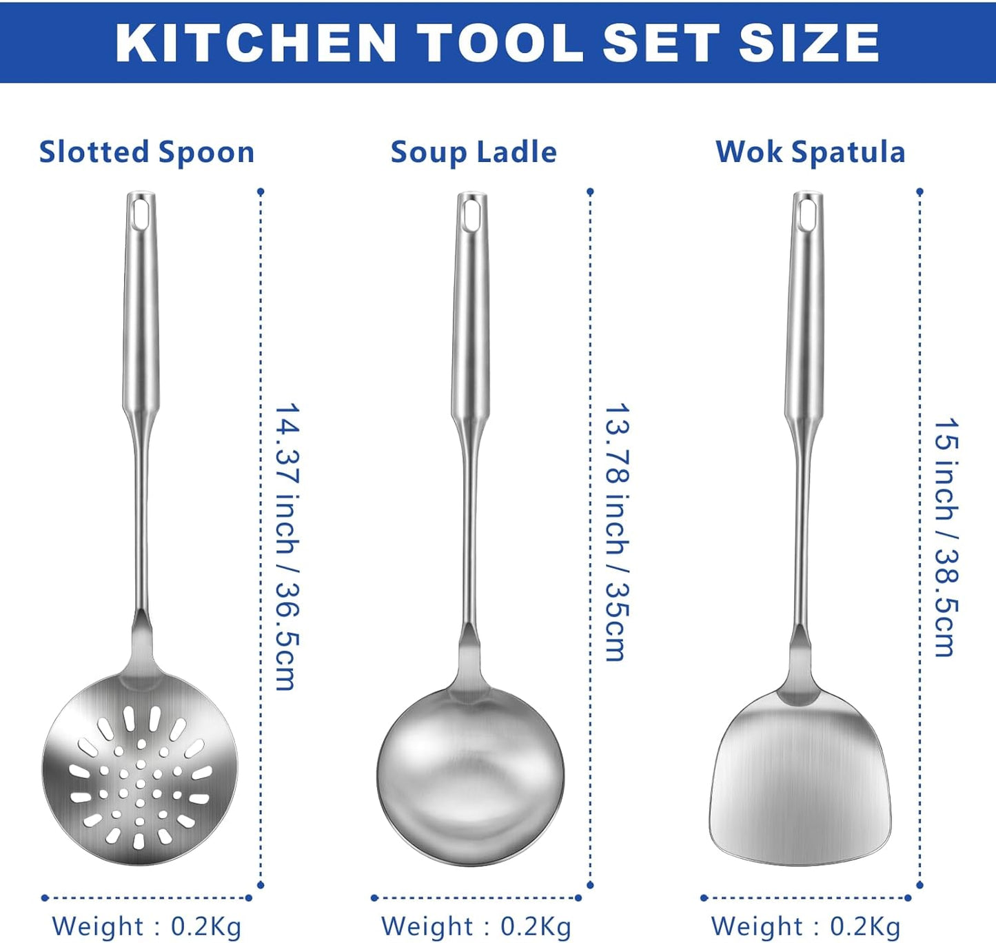 Wok Utensils Tools for Carbon Steel,Stainless Steel 3-Pieces Wok Spatula Set,Wok Tools Professional Set, Heat-Resistant Handle, Skimmer, Soup Ladle, Ideal for Gift