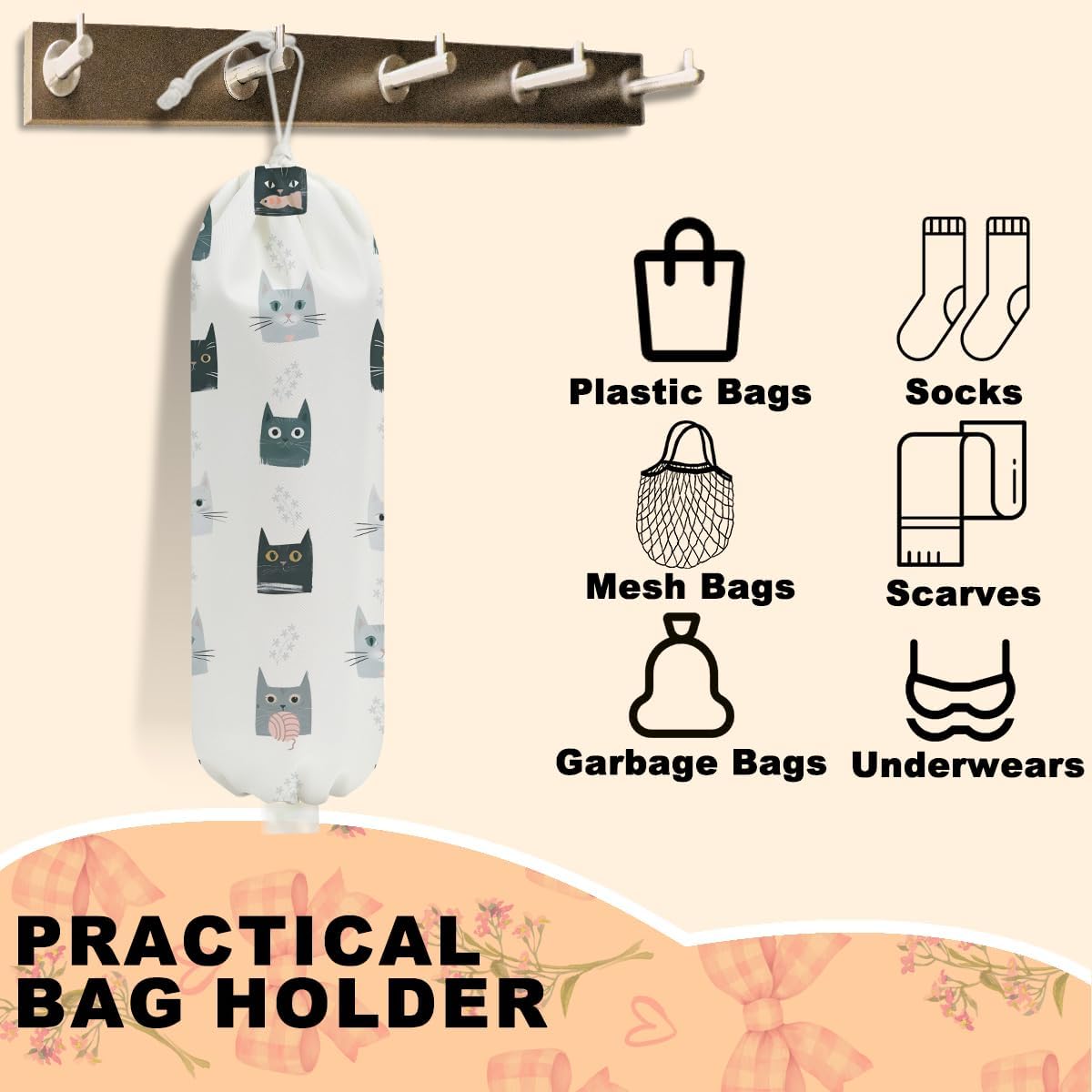 2 Pcs Cat Plastic Bag Holder, Wall Mount Grocery Bag Holder for Plastic Bags, Large Reusable Grocery Bags Organizer Storage Dispenser for Home Kitchen Pantry Decor, Cat Lover Gifts for Women