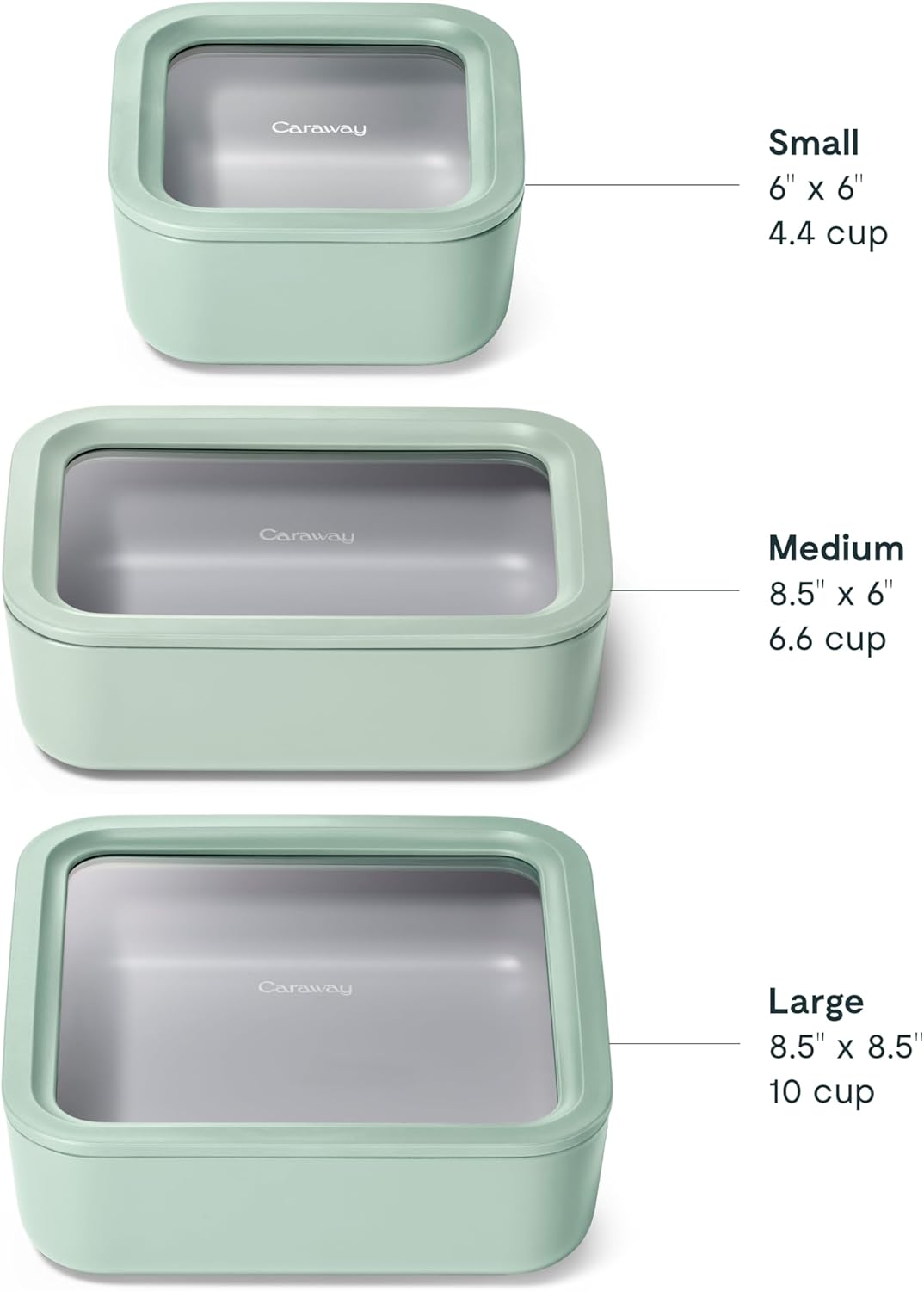 Caraway 3pc Glass Food Storage Set – 10 Cup, 6.6 Cup, & 4.4 Cup Food Containers - Ceramic Coated - Non Toxic Non Stick Lunch Box with Glass Lids - Dishwasher, Oven, & Microwave Safe - Mist