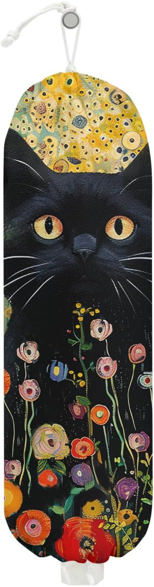 Flower Cat Plastic Bag Holder, Wall Mount Grocery Bag Holder, Plastic Storage bag, Pull Rope Free Adjustment, Plastic Bag Holders for Grocery Bags, Plastic Bag Dispenser for Home Kitchen Cabinet