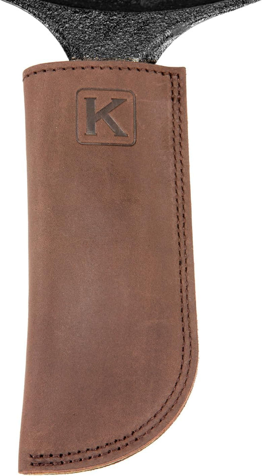 Knapp Made Bourbon Brown 5.5” Extra Thick Leather cast Iron Skillet Handle Covers - Pot Handle Covers, Double Layered Double Stitched, Slides On and Off Easily onto Metal Skillet Grips.