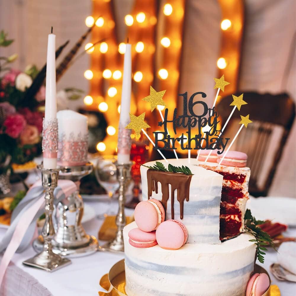 Glittery 16th Happy Birthday Cake Topper with Star,Personalised 16 Birthday Cake Toppers Party Decorations Party Supplies for Boys Girls Black Gold