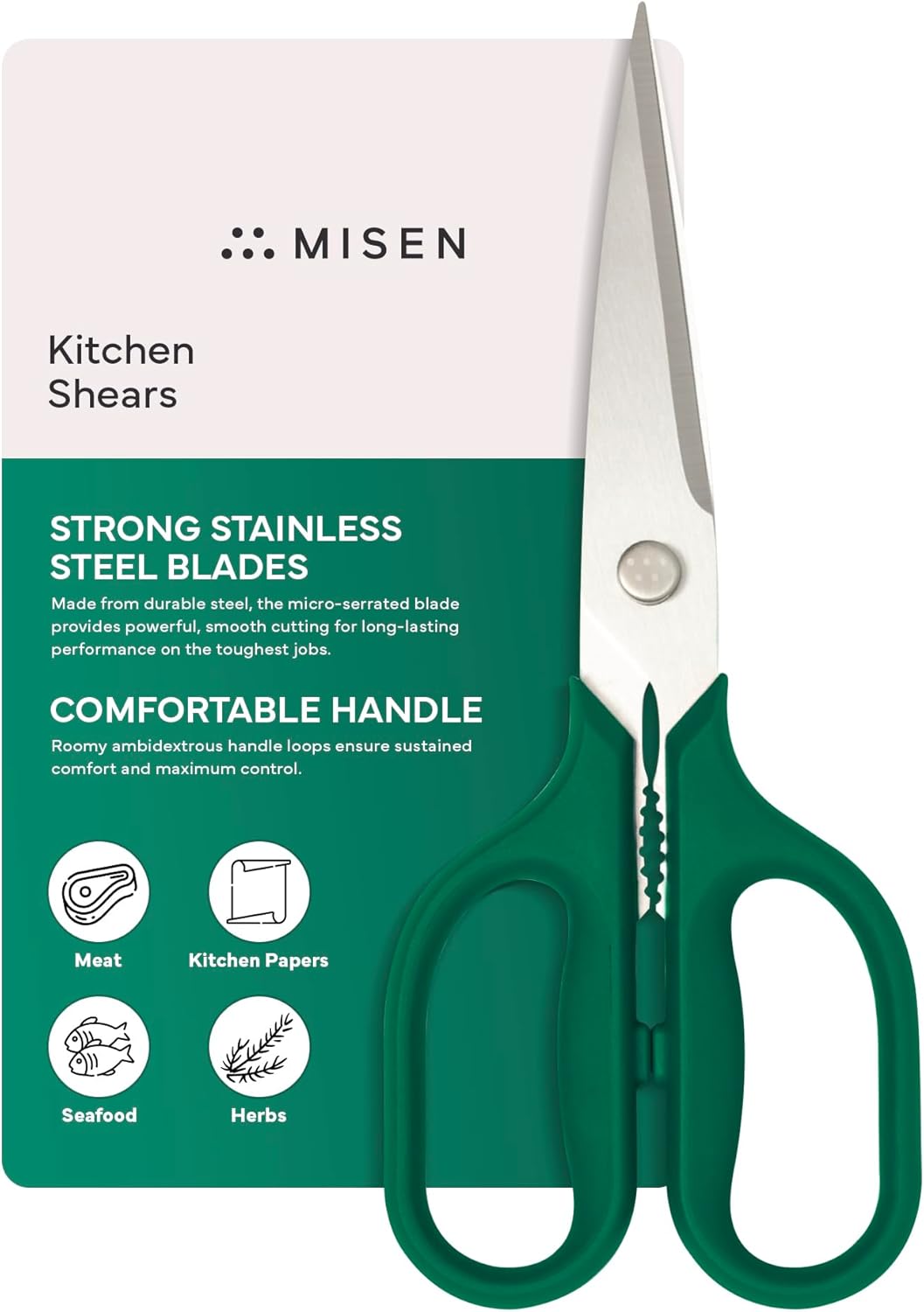 Misen Heavy Duty Kitchen Shears - Comfortable Ambidextrous Scissors for Meat, Poultry, Herbs & More - Easy to Clean - German Stainless Steel - Large | Green