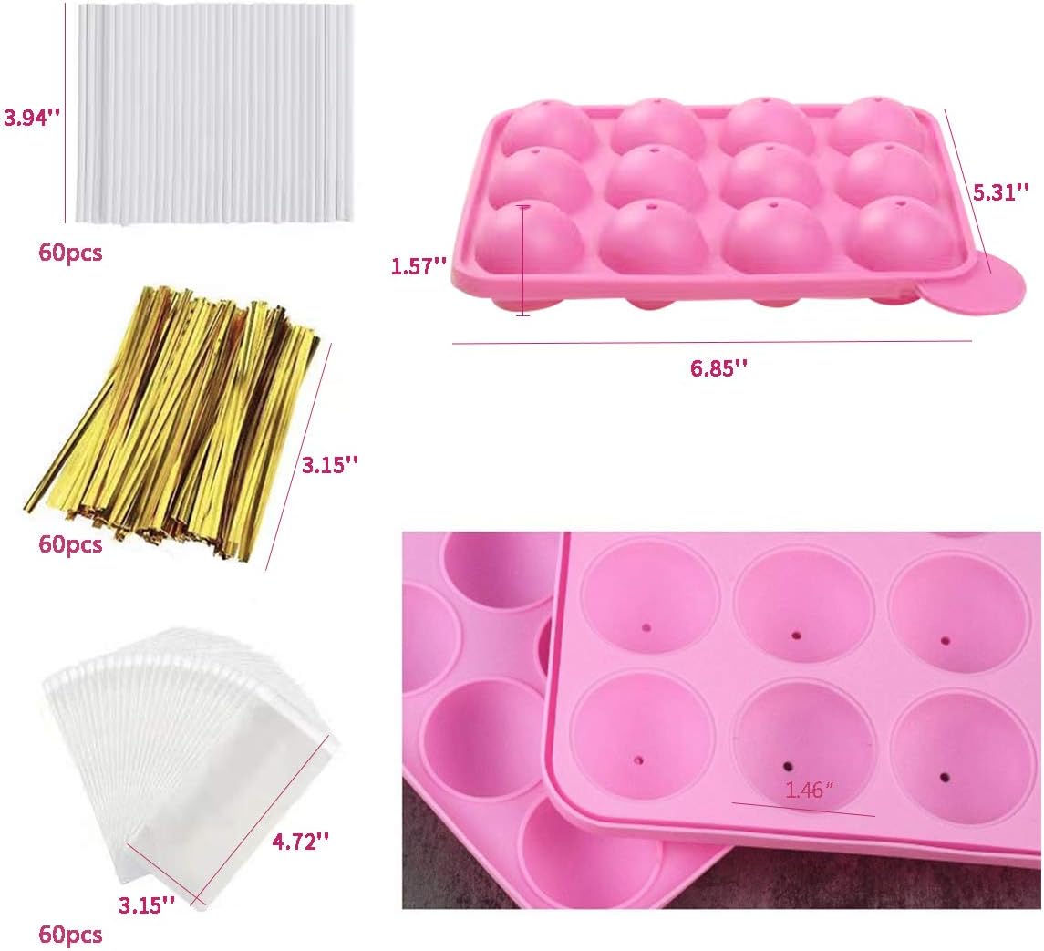 12 Capacity Silicone Lollipop Mold Set, Sucker Molds and Chocolate Hard Candy Mold with 60pcs Lollipop Sucker Sticks, Candy Treat Bags, Gold Ties. (12 Cavity Cake Pop)