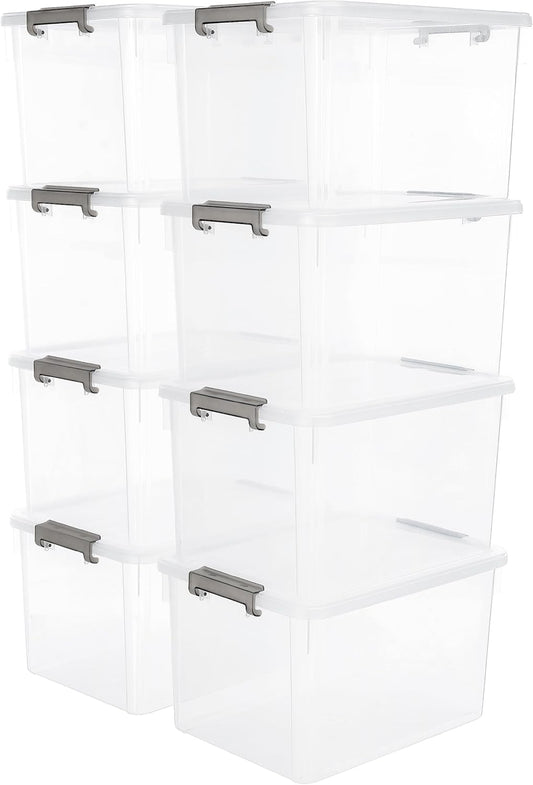 Citylife 32 QT Plastic Storage Bins with Latching Lids Stackable Storage Containers for Organizing Large Clear Storage Box for Garage, Closet, Kitchen, 8 Packs