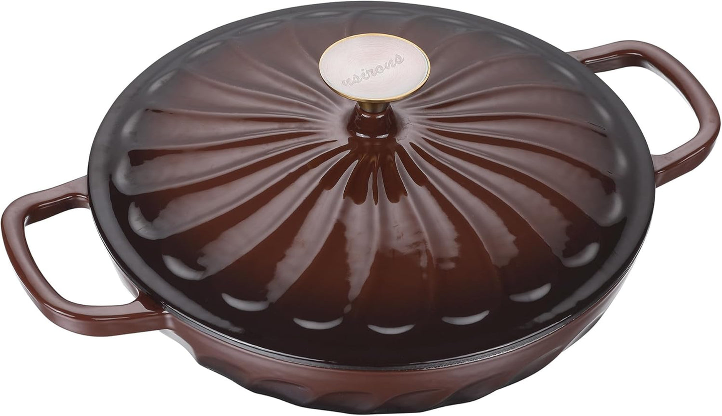 Enameled Cast Iron Braiser, 3.8 Quart Enamel Dutch Oven with Handles, Cast Iron Braiser Pan with Lid,Enameled Cookware (Brown)