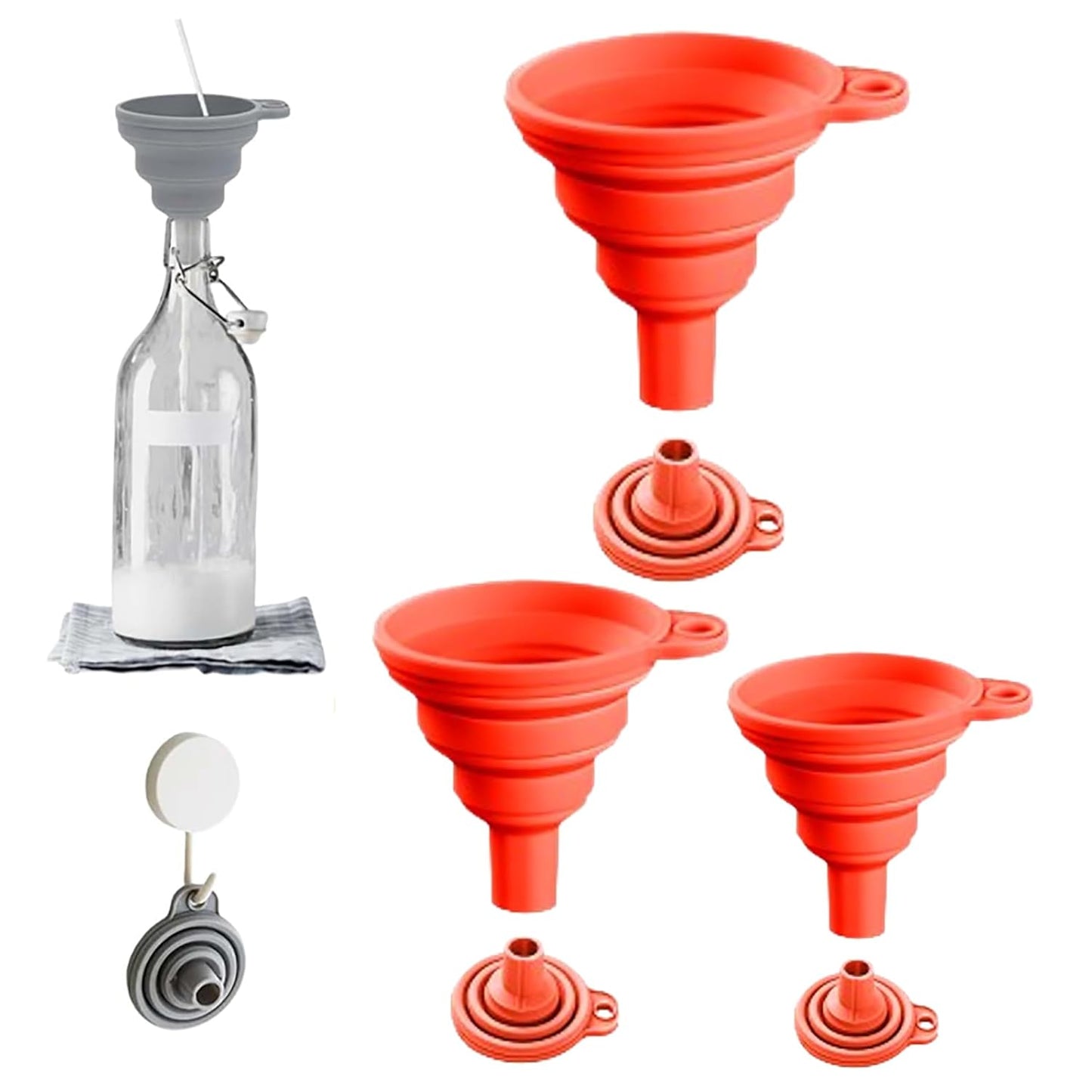 Kitchen Funnel Set, 2025 Upgrade Silicone Collapsible Funnel Silicone Collapsible Food Funnels for Kitchen 3 Sizes Funnels for Home Use Filling Bottles Daily Cooking (Red, 1Set 11+14+20g)
