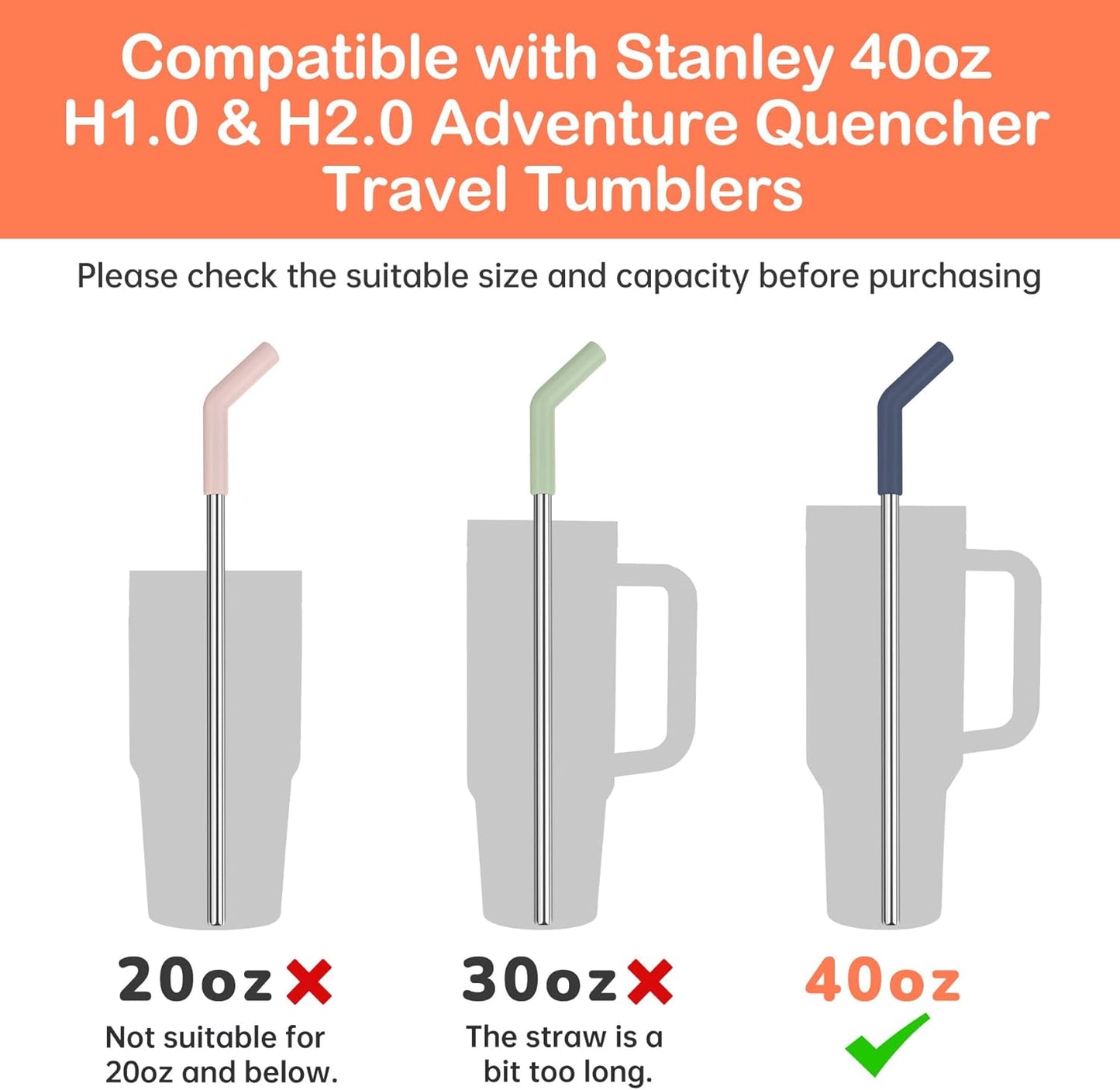 Tomorotec 6-Pack Morandi Colors Silicone Tip Stainless Steel Straws for 40oz Stanley Tumblers with 2 Cleaning Brushes, BPA-Free 13" Long Healthy & Safe for Outdoor & Home Use, Enhances Drink Enjoyment