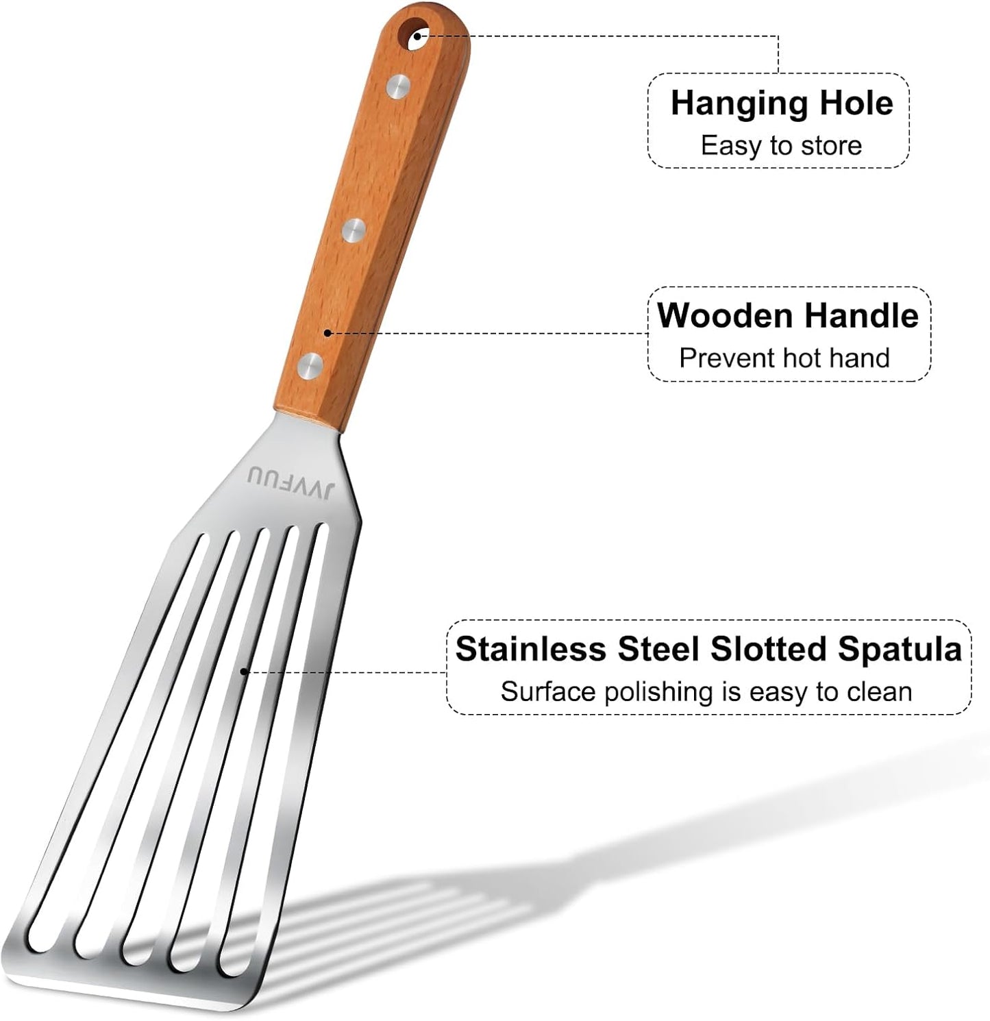 Fish Turner Spatula Stainless Steel, 11" Metal Slotted Spatula for Non Stick Pans, Grilling Salmon, Flipping Eggs & Pancakes,Easy to Clean,Heat-Resistant Wood Handle