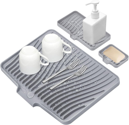 Silicone Dish Drying Mat for Kitchen Counter, Dish Drying Pad, Non-Slip Drain Pad with Built-in Drain, Heat Resistant Stone Drying Mat, 3 pcs (Grey)