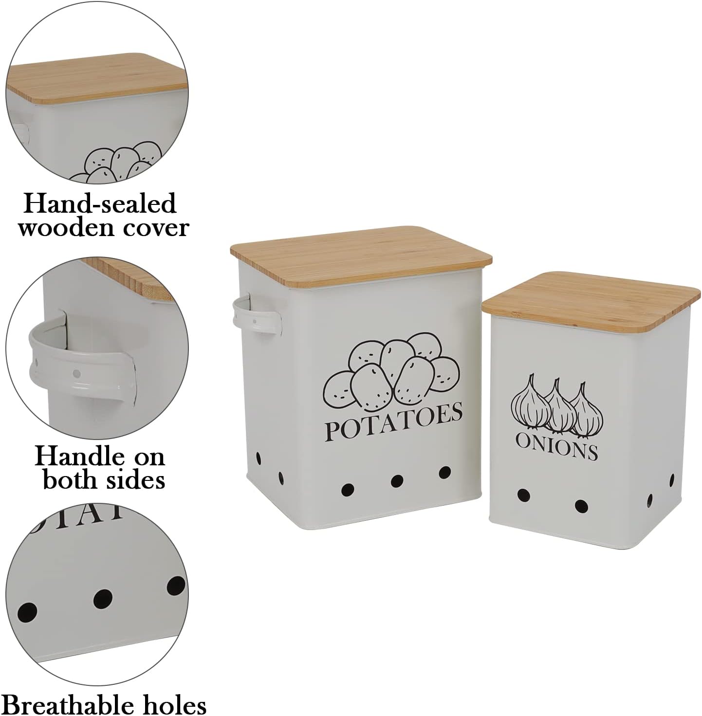 Kitchen Vegetable Storage Tins Set of 2 for Potatoes, Onion, with wooden lid Garlic Bin Caddy, Long Shelf Life-white