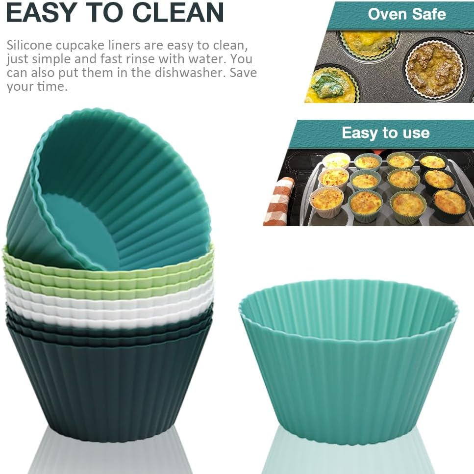 Extra Large Silicone Cupcake Muffin Cups 12 Pcs, 3.54 Inch Muffin Liners, Reusable Jumbo Silicone Baking Cups Easy to Clean, Great for Cupcake, Mousse(3 Green, White)