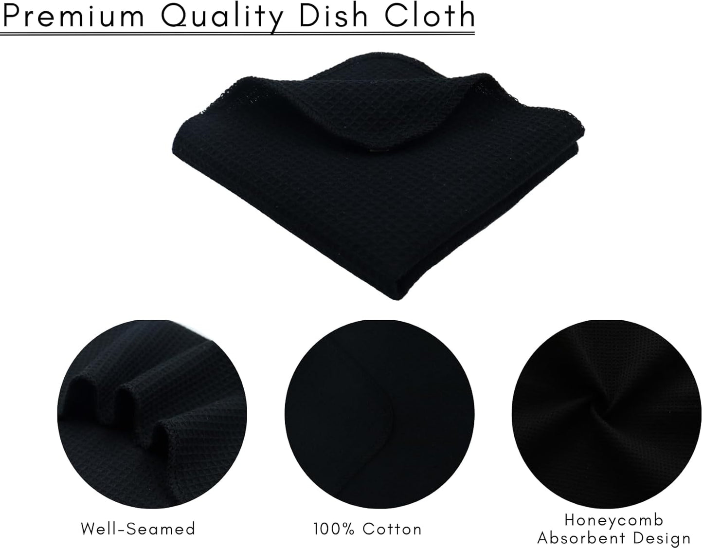 PurpleEssences Dish Cloths and Dish Rags - 6 Pack Waffle Weave Solid Kitchen Dish Wash Cloths, 100% Cotton, 12 x 12 Inches, Ultra Soft Absorbent Quick Drying - Spring Summer - Black