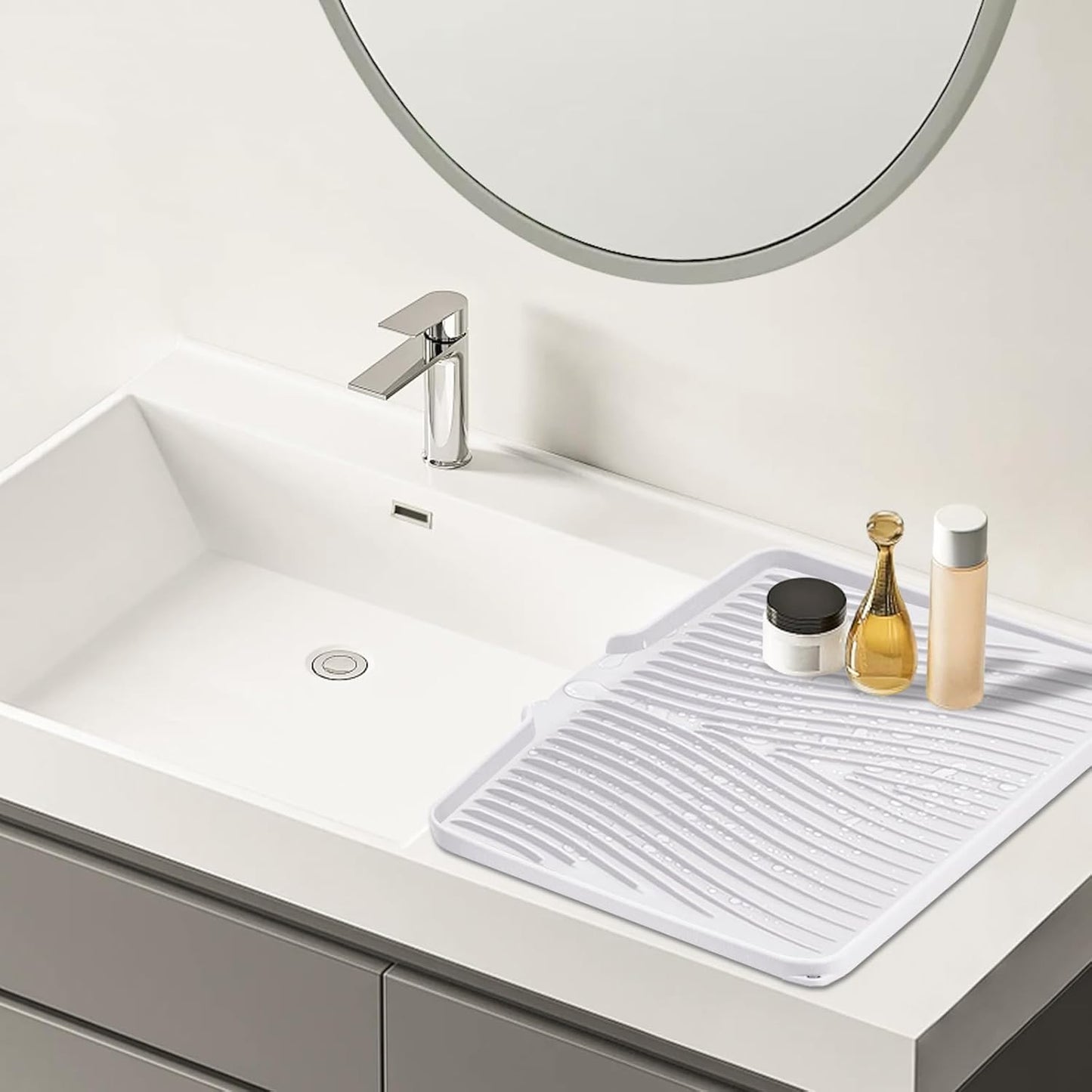 Silicone Dish Drying Mat, Stone Drying Mat for Kitchen Counter with Built-In Drain, Non-Slip Drying Matt Kitchen Counter, Heat Resistant Dish Drying Pad, 1 Pc (19.7" x 17",Ivory)