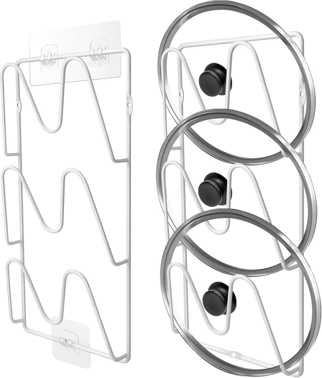 2 Pack Pot-Lid-Organizer, 6-Tier Pots and Pans Lid-Organizer for Cabinet Door/Wall, No Drilling Adhesive Wall/Door Mounted Rustproof Pot-Lid-Holder for Kitchen Organization - White