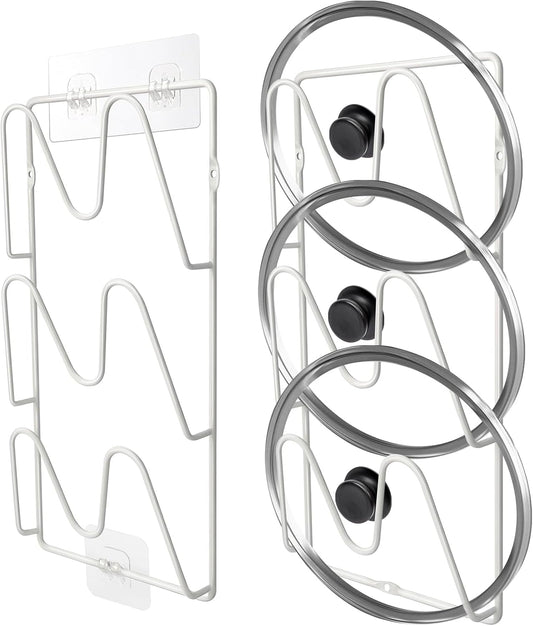 2 Pack Pot-Lid-Organizer, 6-Tier Pots and Pans Lid-Organizer for Cabinet Door/Wall, No Drilling Adhesive Wall/Door Mounted Rustproof Pot-Lid-Holder for Kitchen Organization - White