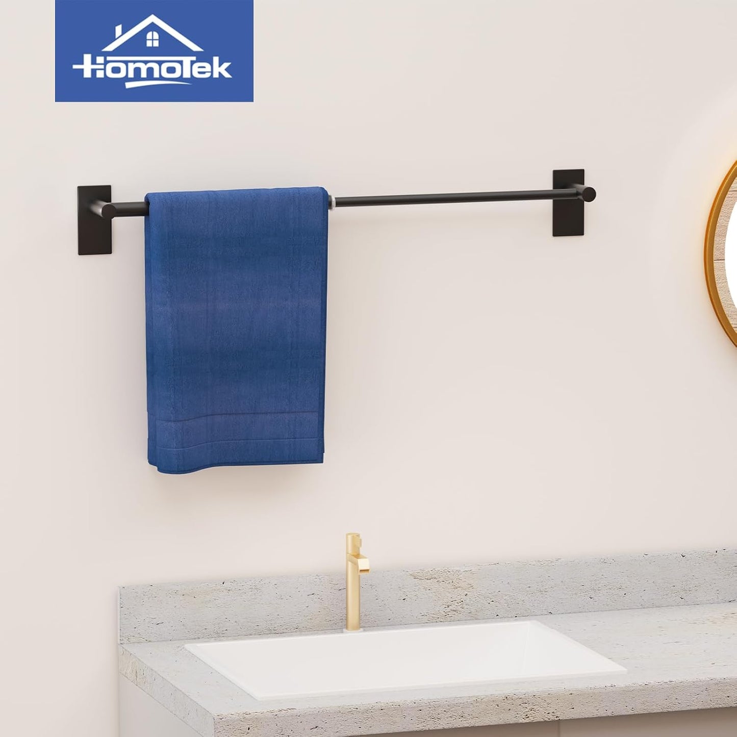 Adjustable AdhesiveTowel Bar 2 Pack, HOMOTEK Economical Self Stick Single Towel Holders, Towel Rod Size from 12 Inch to 22 InchTowel Racks, Towel Hanger Hook for Kitchen(Matte Black)