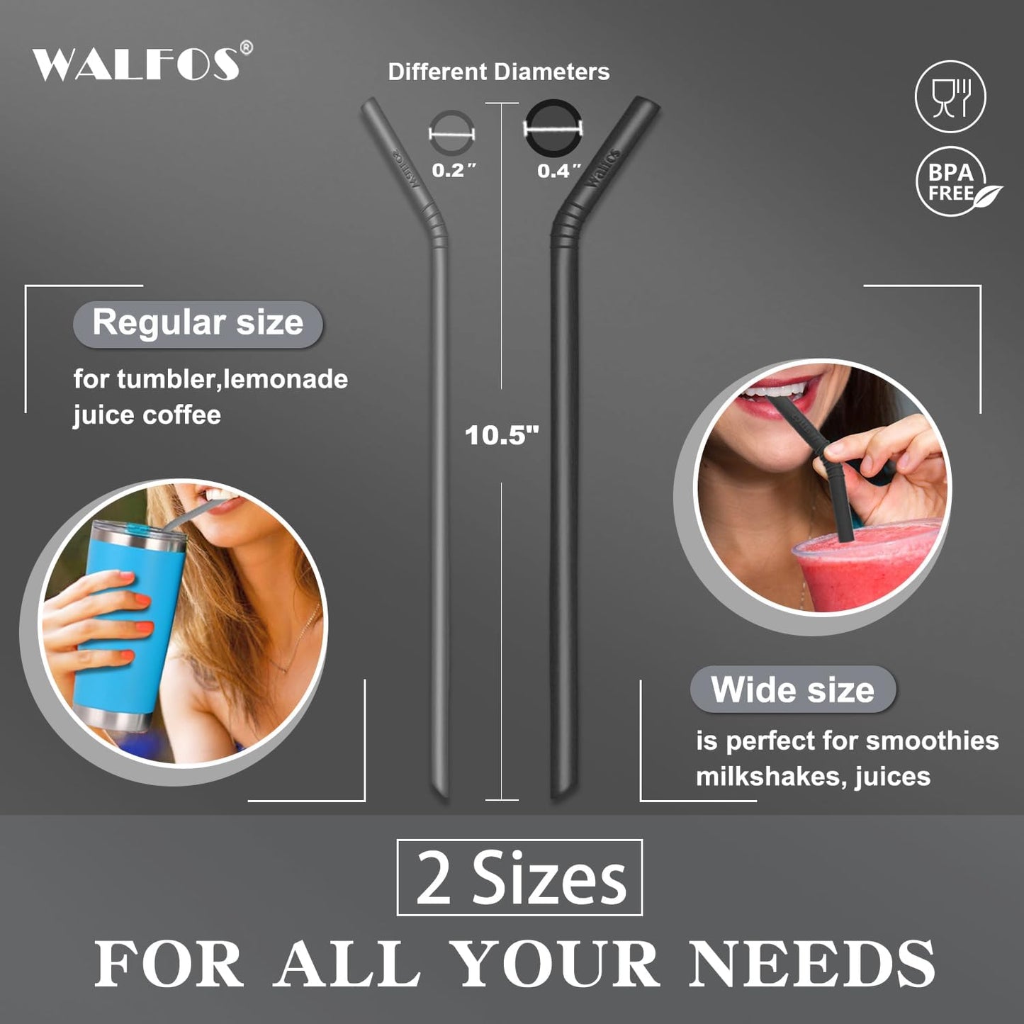 Walfos Silicone Straws - Reusable straws Bendy straws for Smoothies/20 & 30 oz Tumblers, BPA Free. 2 Size (3pcs Wide S + 3 pcs Regular + 2 Cleaning Brushes）