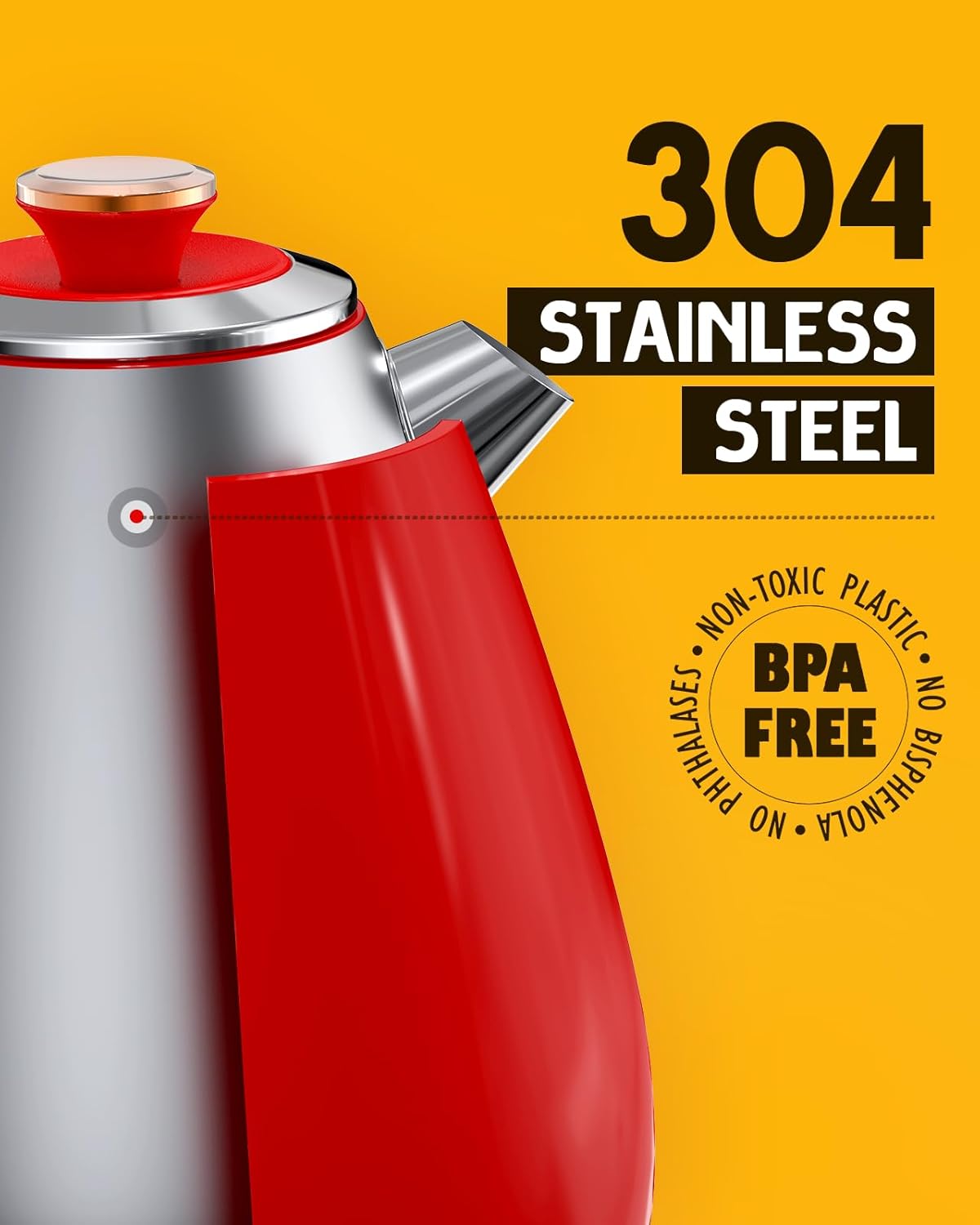 Hazel Quinn Retro Electric Kettle - 1.7 Liters / 57.5 Ounces Tea Kettle with Thermometer, All Stainless Steel, Fast Boiling 1200 W, BPA-free, Cordless, Rotational Base, Automatic Shut Off - Ruby Red