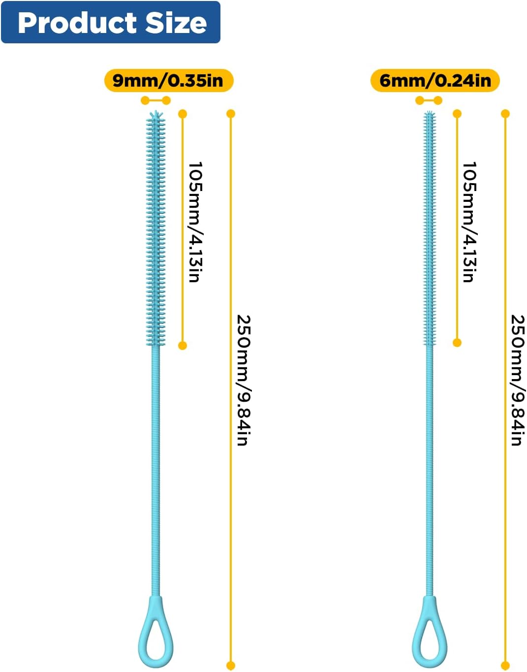 YOTIME Silicone Straw Cleaner Brush, 2Pcs Reusable Straw Brush Extra Long for Cleaning Tumbler with Handle and Glass Metal Smoothie Straws, Non-slip Handle Soft and Bendable, 6mm+9mm, Blue