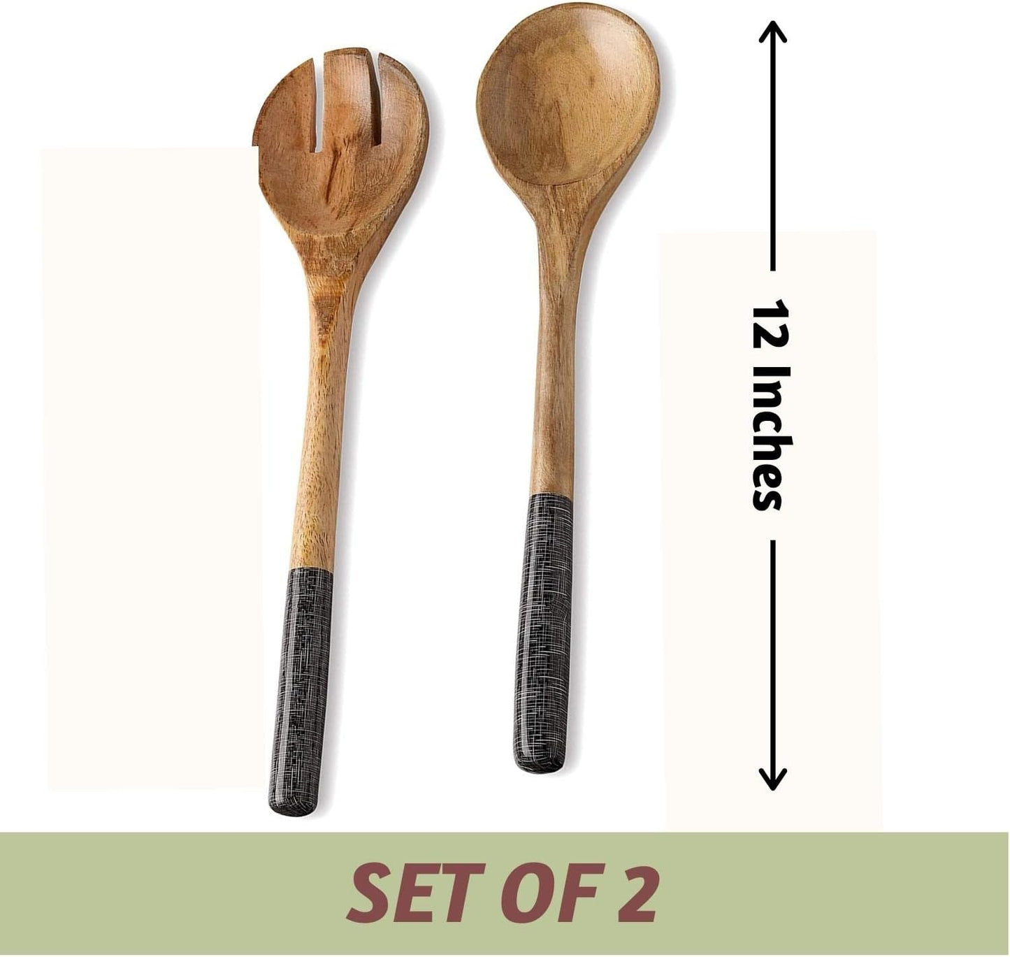 Folkulture Salad Servers or Salad Tongs, Wooden Utensils for Serving Salad, 12-inch Spoon and Fork Set, Mango Wood, Black Servers