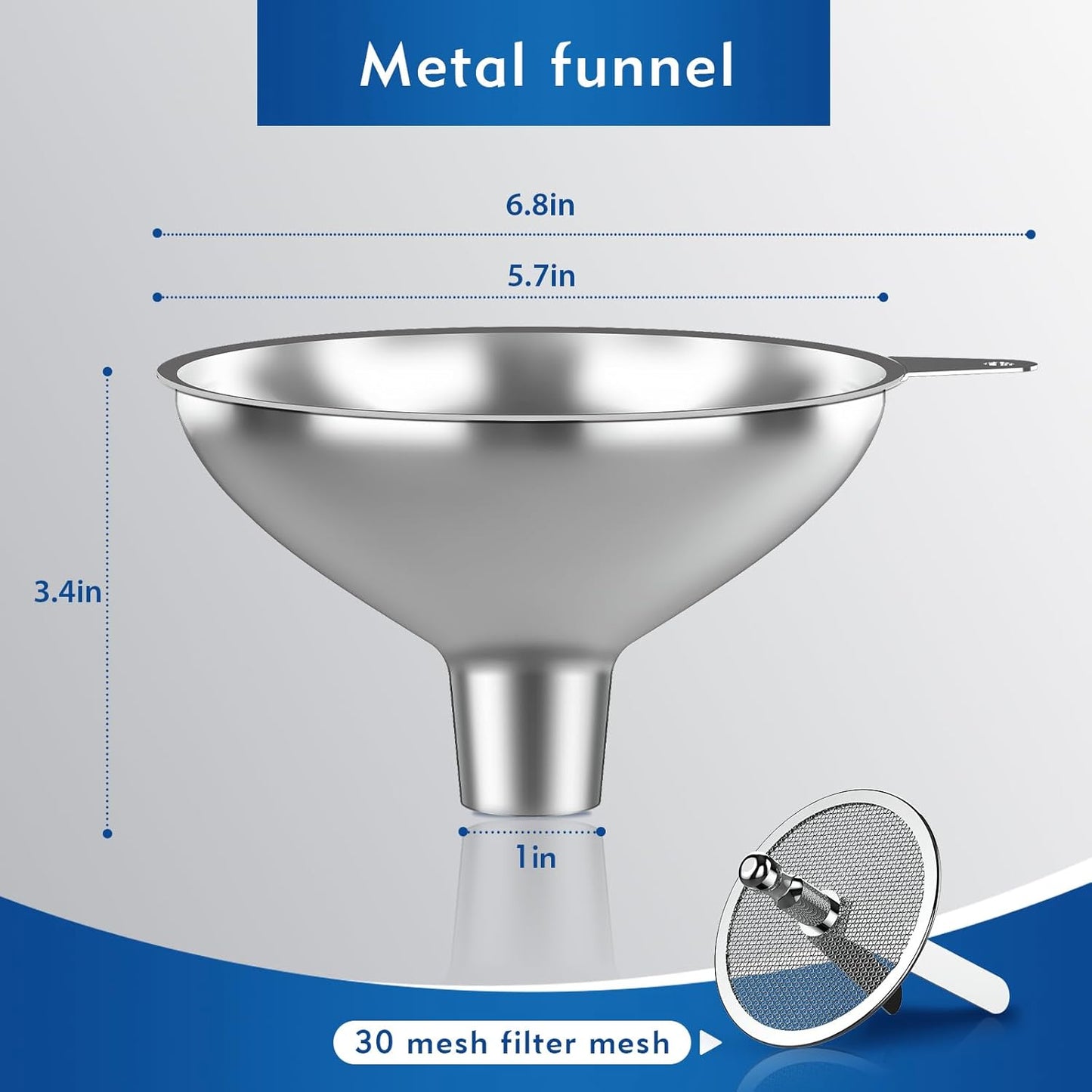 Stainless Steel Funnel (5.7 in. x 1 in. Mouth) with 30 Mesh Removable Stainless Steel Filter, Food Grade Metal Large Funnel for Kitchen, Liquids, Oils, Powders, Spices, Home Brewing.