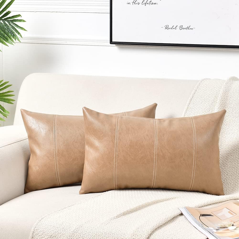 Fancy Homi Tan Long Lumbar Waterproof Faux Leather Decorative Throw Pillow Covers 16x24 Inch for Living Room Couch Bed, Beige Hand Stitched Cushion Case 40x60 cm, Taupe Modern Farmhouse Home Decor