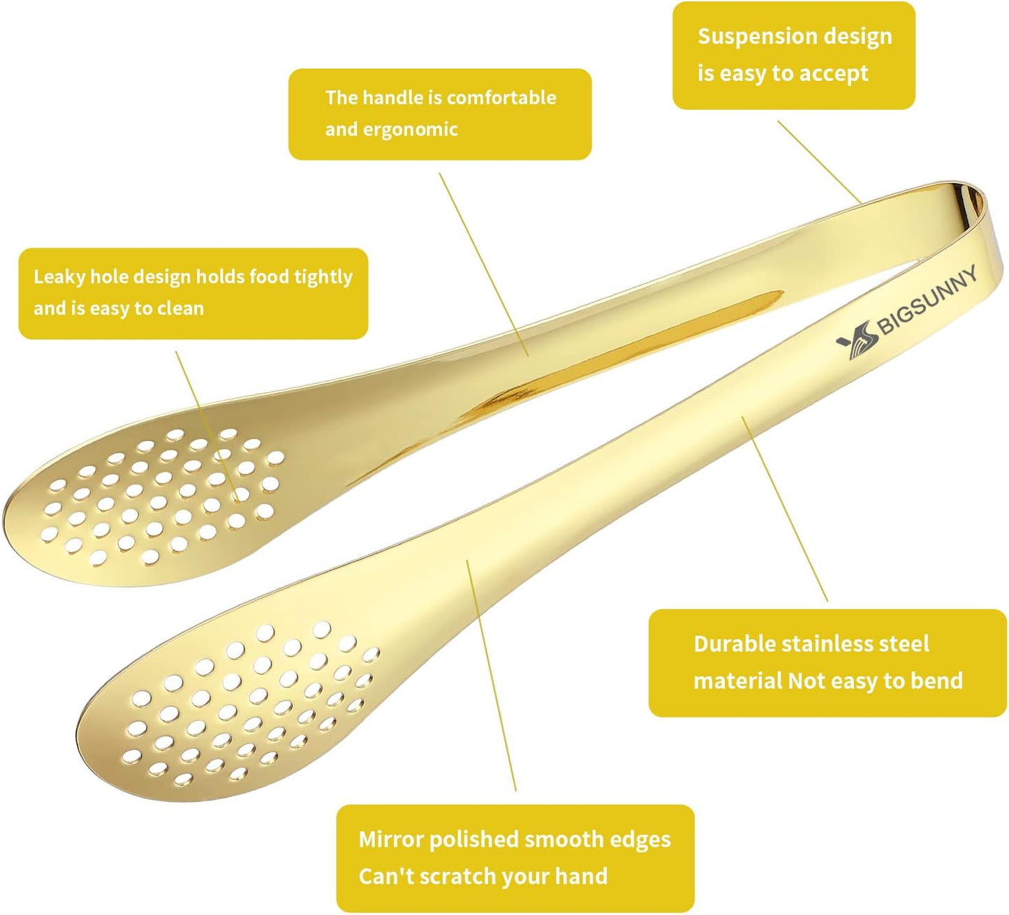 MSY BIGSUNNY Chef Kitchen Tongs Stainless Steel Food Serving Tongs Set of 3 (Golden 7" 9" & 11")