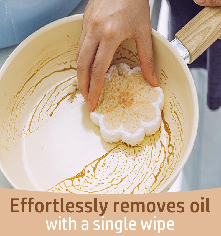 Flower-Shaped Wood Pulp Sponge Scrubber, sponges Kitchen– Dual-Sided Natural Dish Sponge,sponges for Dishes, Eco-Friendly, Quick-Drying, Gentle on Non-Stick Pans (8.5×1.8cm) (10pcs)