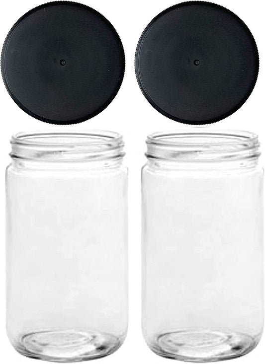 Jarming Collections Mason Jars - 32 Oz Glass Extra Wide Mouth Quart Storage Jars with Lids - BPA Free Plastic Lids - Made in USA (Set of 2)