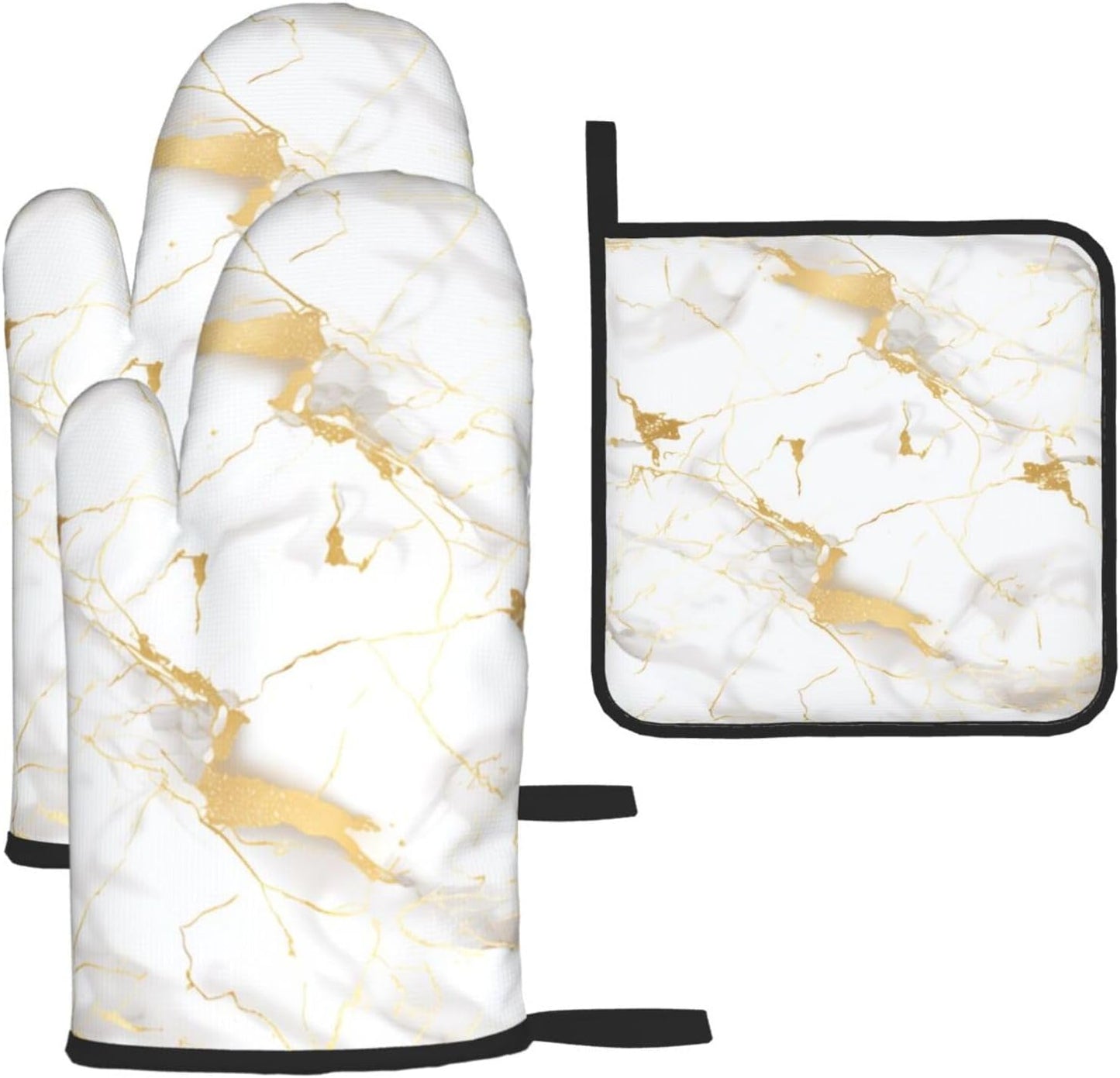 White Gold Marble Oven Mitts and Pot Holders Sets of 3 Heat Resistant Oven Gloves Hot Pads Non-Slip Kitchen Accessories for Baking Cooking Grilling BBQ