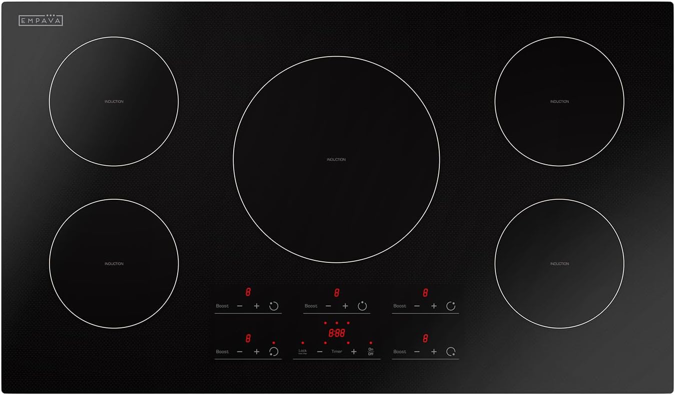 Empava 36 Inch Electric Induction Cooktop Built-in, 5 Zone Smooth Glass Surface, Touch Sensor Panel Power Boost, Timer Control, Child Lock Feature, Hardwired Kitchen Appliance