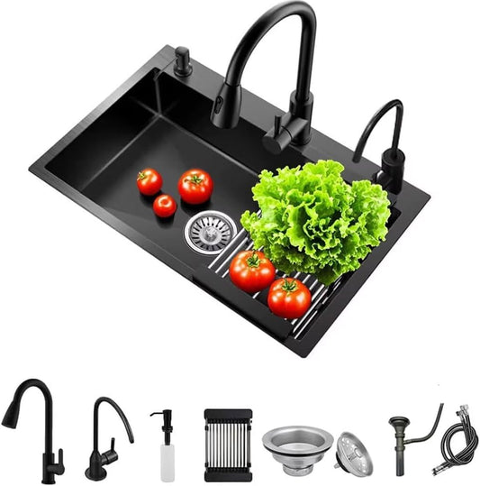 Black Drop in Kitchen Sink, Stainless Steel Single Bowl Sink with 3 Holes, Topmount Workstation Sink, Farmhouse Rectangle Basin with Multiple Accessories (29.5 * 17.7 * 7.9in)