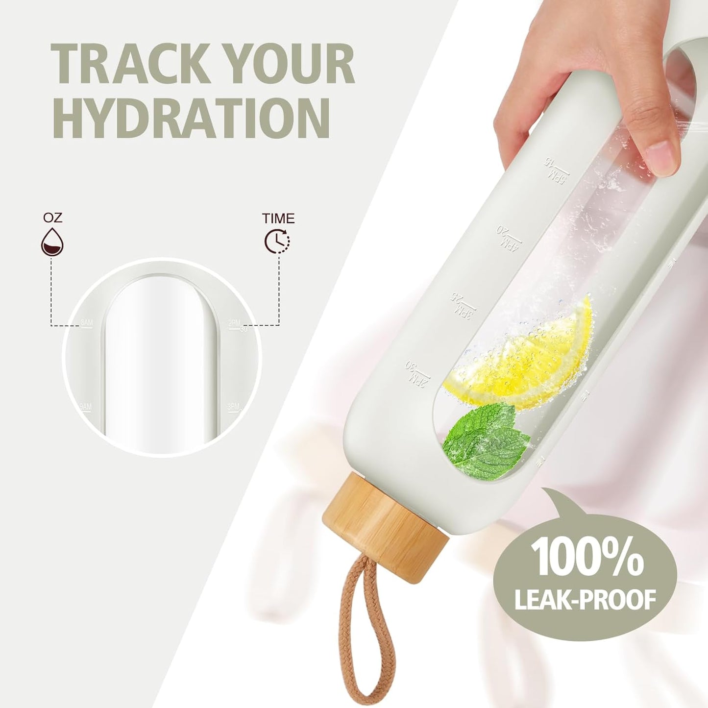 Glass Water Bottles 32 oz - Motivational Drinking Glass Water Bottle with Silicone Sleeve, Straw & 2 Bamboo Lids - 1 Liter Clear Borosilicate Daily Intake Tumbler with Time Marker - Cream