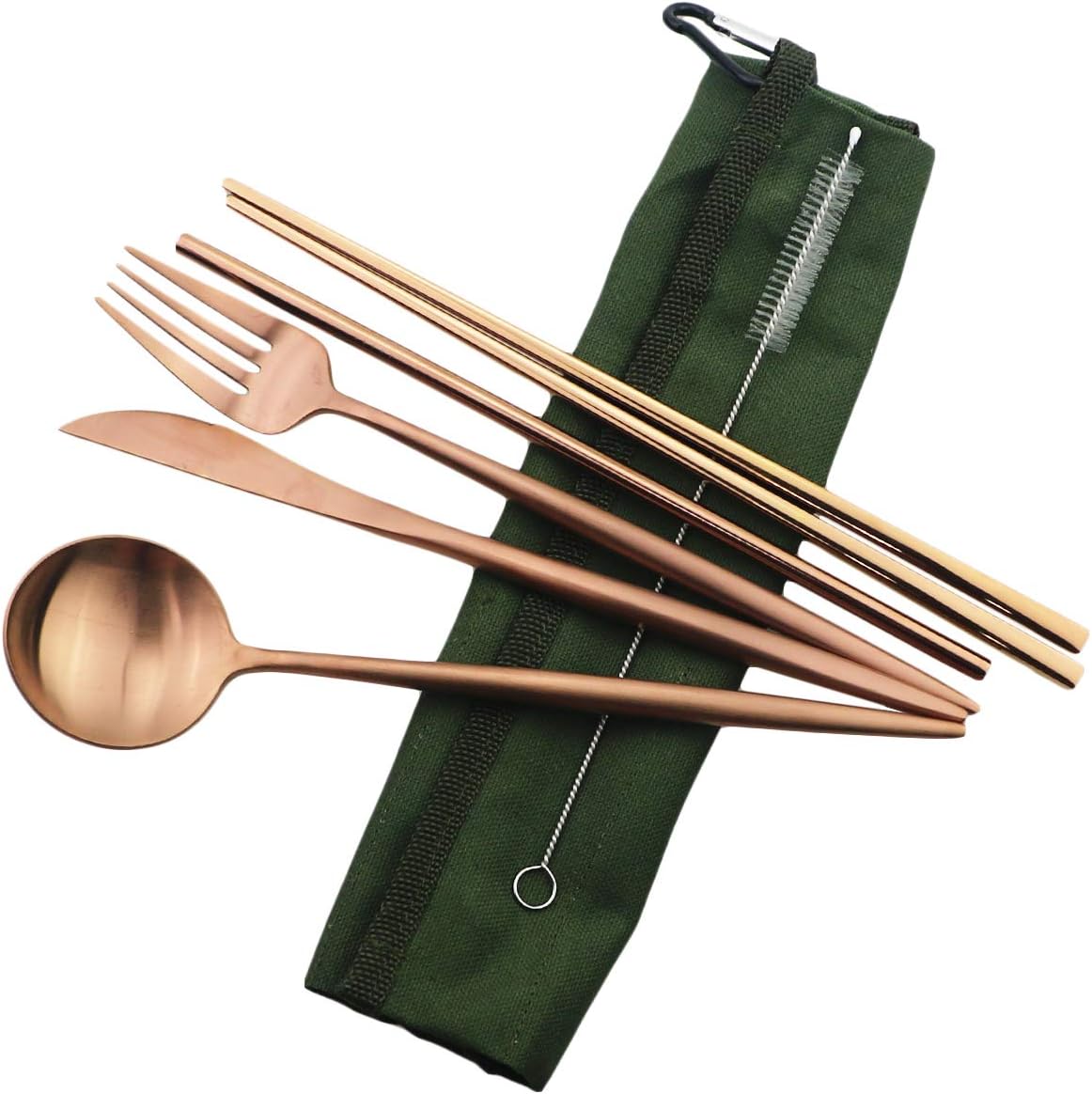 Gugrida Reusable Travel Utensils, 7 Piece Portable 304 Stainless Steel including Knife Fork Spoon Chopsticks Cleaning Brush Straws Portable Pouch, Eco-friendly Camping Silverware Set, Dishwasher Safe