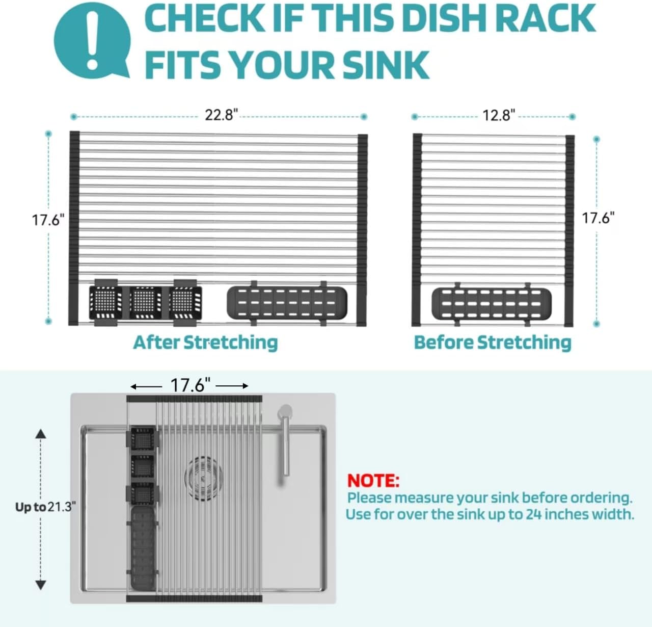 Extra Large Black Expandable Roll Up Dish Drying Rack Up to 22.8''with 2 Storage Baskets,Over The Sink Kitchen Rolling up Dish Drainer Dish Drying Rack in Sink, Foldable,Rollable,for Kitchen Dishes
