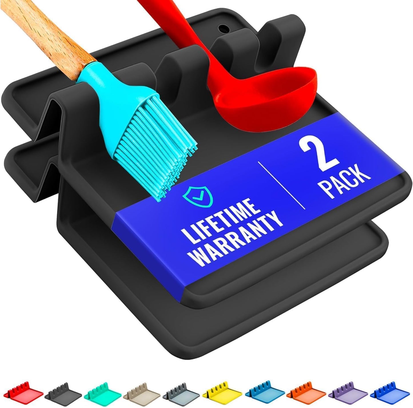 Black Silicone Spoon Rest for Stove Top with Drip Pad (Two Pack) - Heat-Resistant, BPA-Free Utensil Rest & Spoon Holder for Kitchen Counter - Grill Utensil Holder for Spatulas, Tongs, Ladles